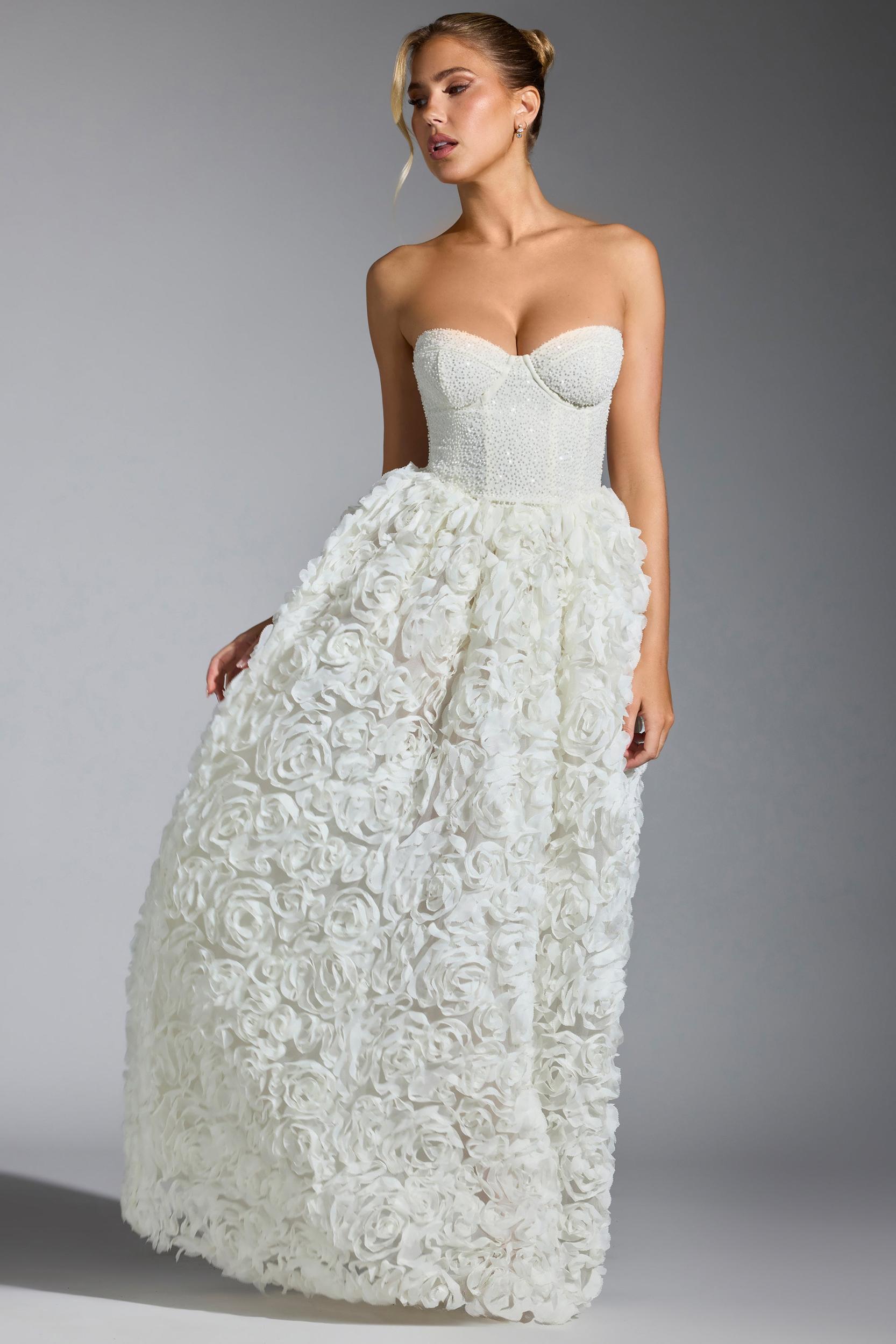 Embellished Floral-Appliqué Corset Gown in White Product Image