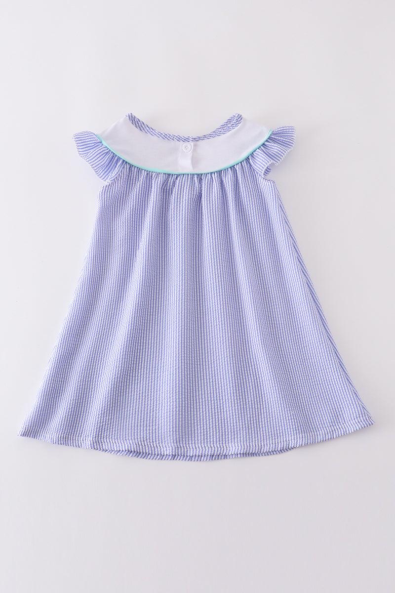 Blue stripe seersucker swordfish embroidery dress Product Image