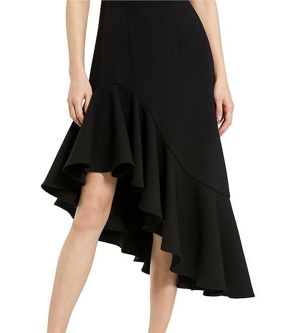 Mac Duggal Crepe Square Neck Elbow Sleeve Asymmetrical Ruffle Hem Midi Dress Product Image