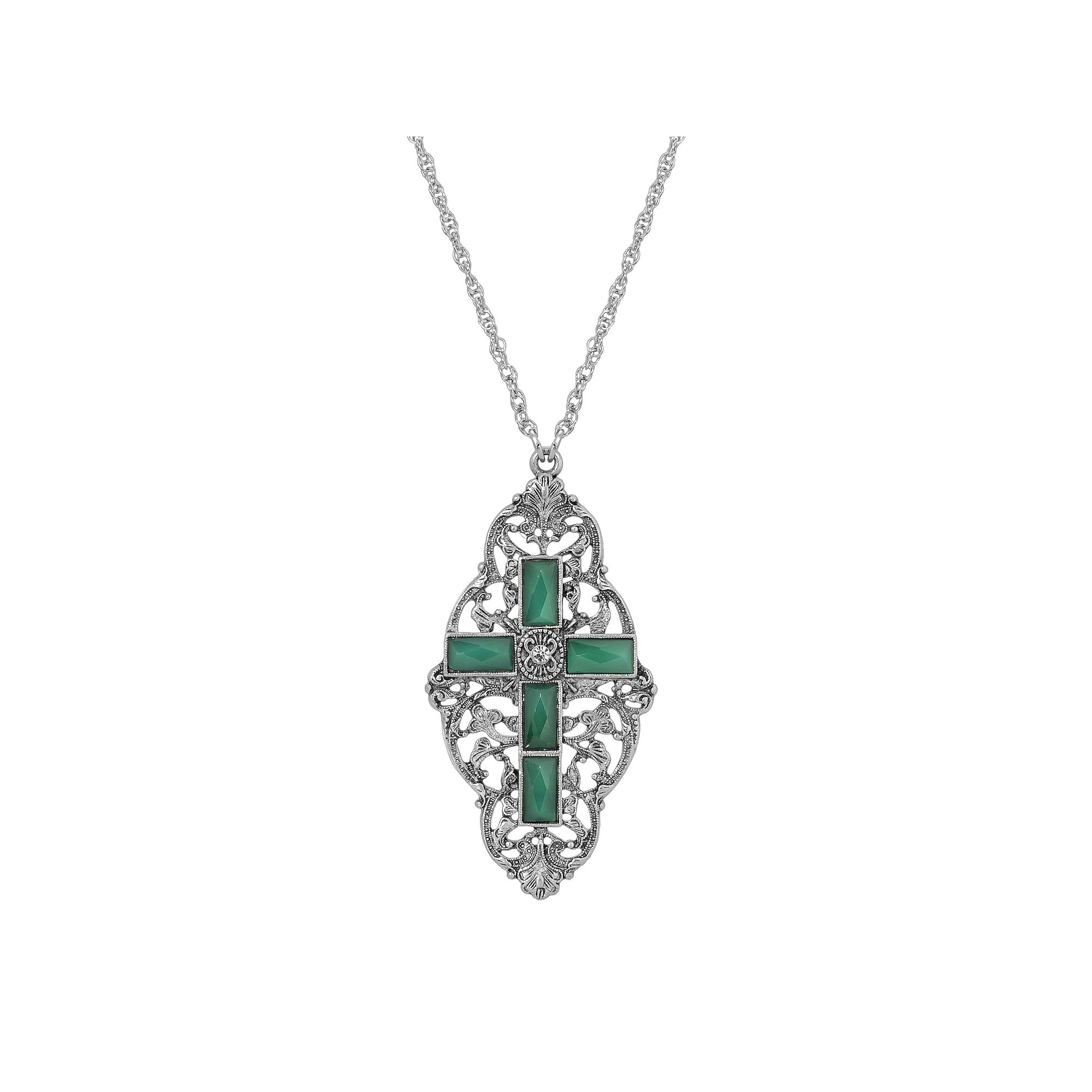 Symbols of Faith Silver Tone Filigree Simulated Crystal Cross Necklace, Womens, Green Product Image