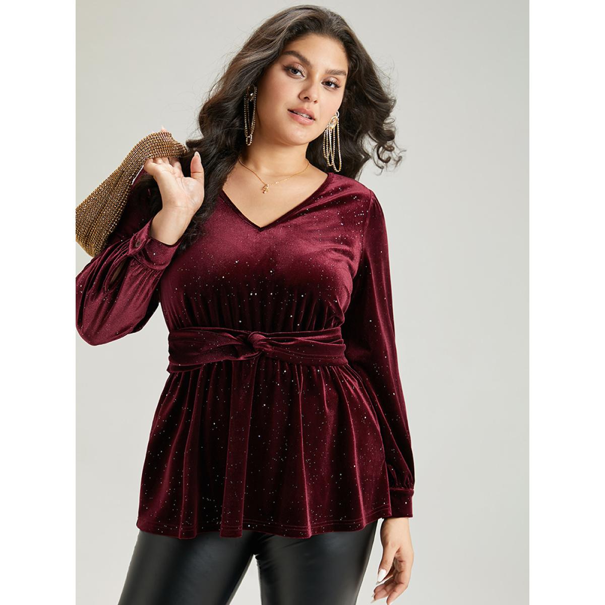 Plus Size Scarlet Glitter Sequin Velvet Twist Front V Neck Blouse Women Cocktail Long Sleeve V-neck Party Blouses BloomChic 14-16/1X Product Image