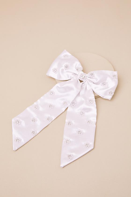 Cynthia White Satin Pearl Bow Hair Clip Product Image