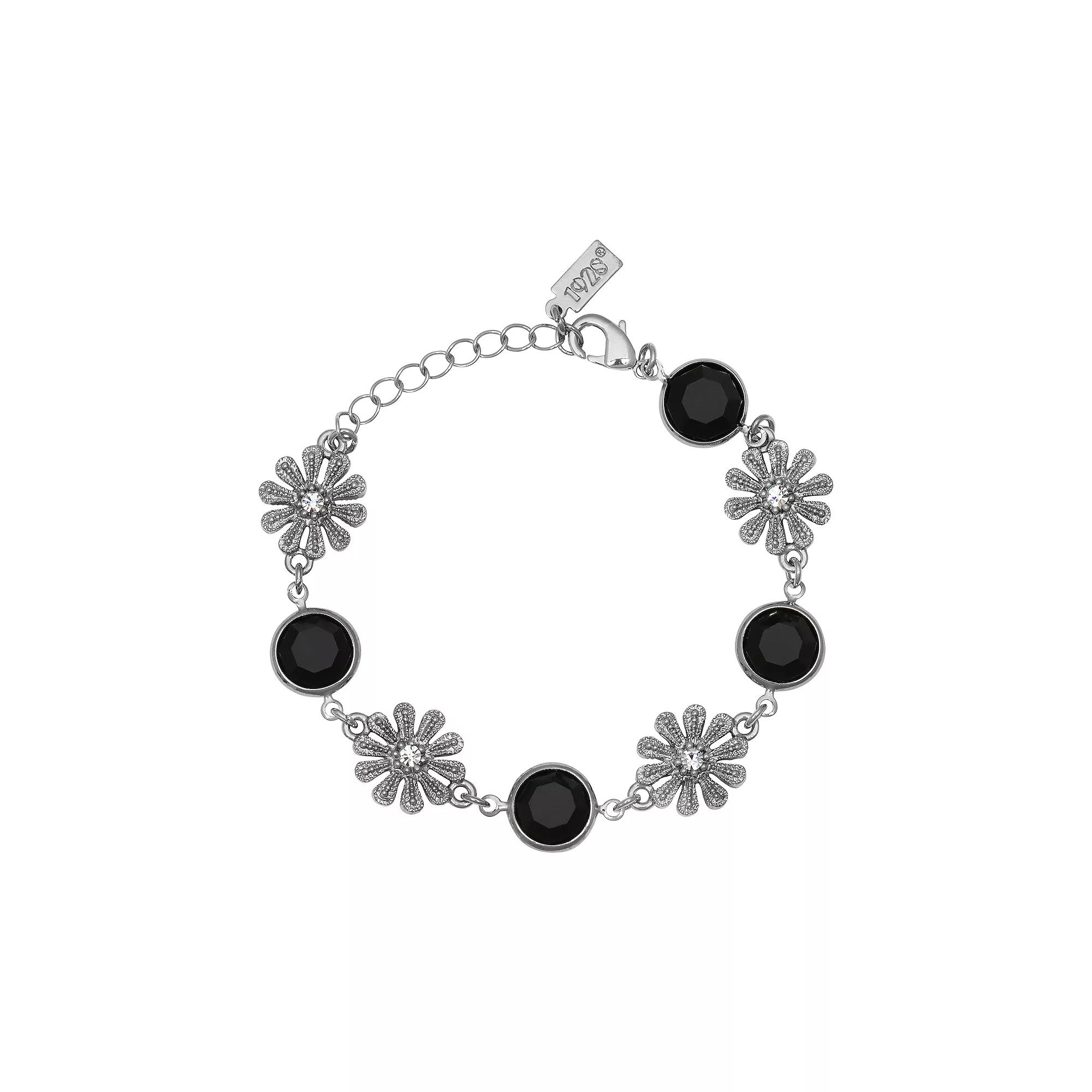 1928 Silver Tone Black Crystal Flower Bracelet, Womens Product Image