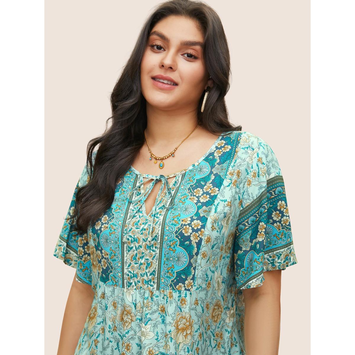 Plus Size Cerulean Boho Print Tie Neck Gathered Blouse Women Resort Half Sleeve Notched collar Vacation Blouses BloomChic 14-16/1X Product Image