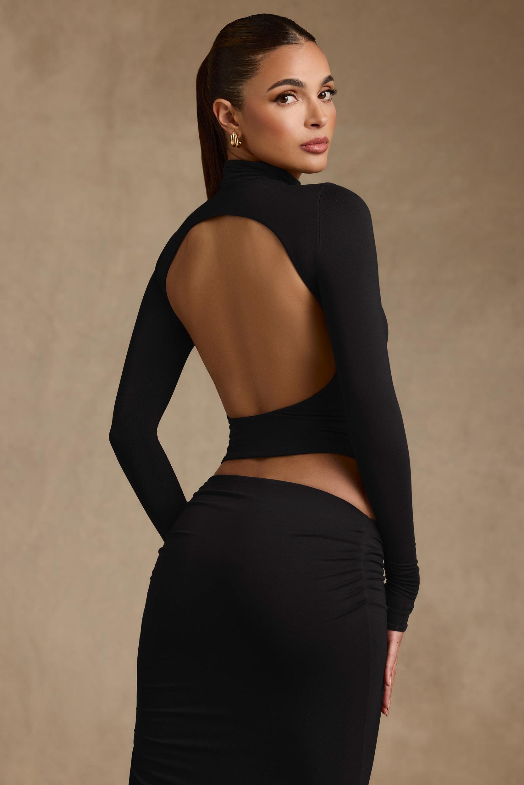 Modal Ruched Backless Turtleneck Top in Black Product Image