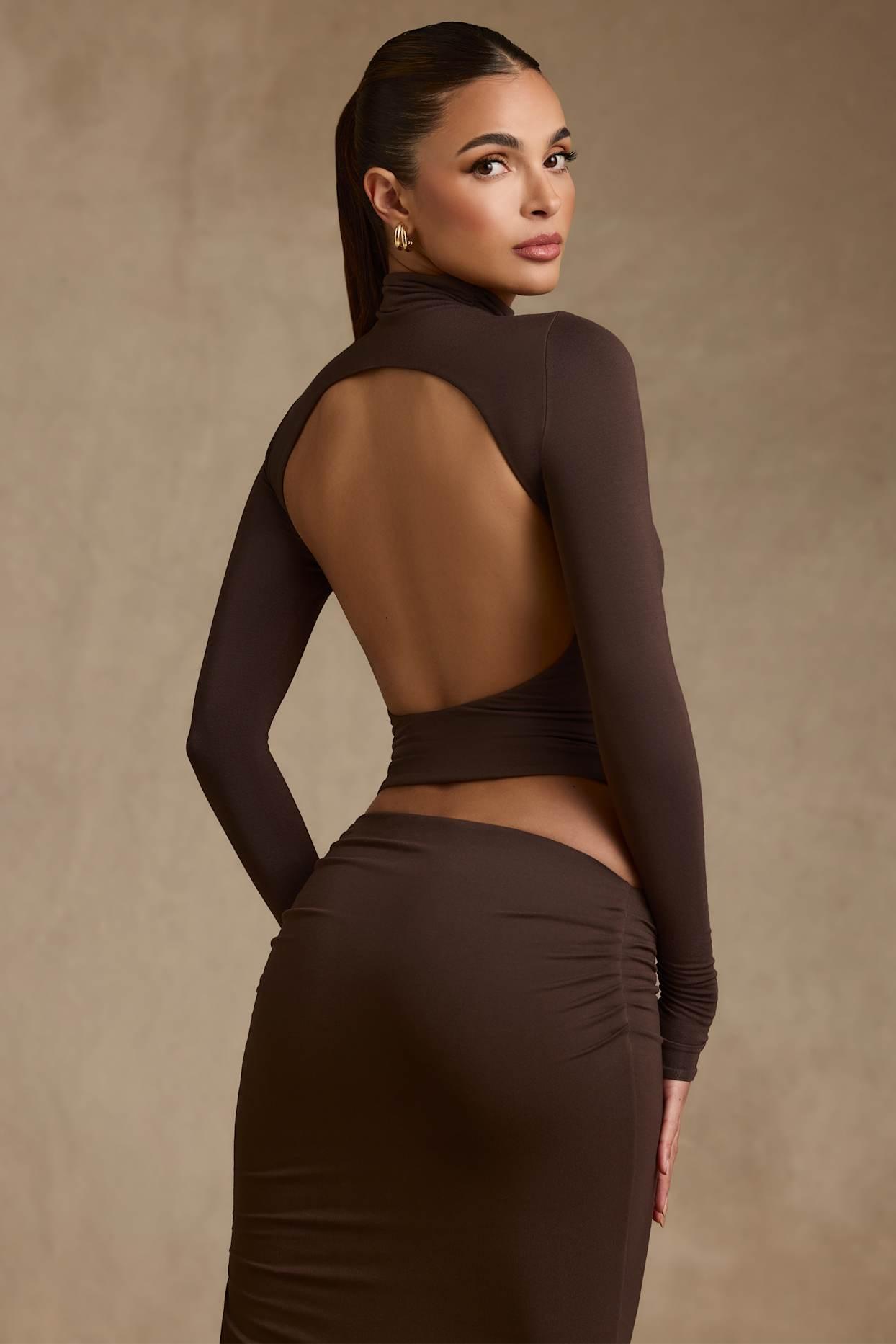 Modal Ruched Backless Turtleneck Top in Chocolate Brown Product Image