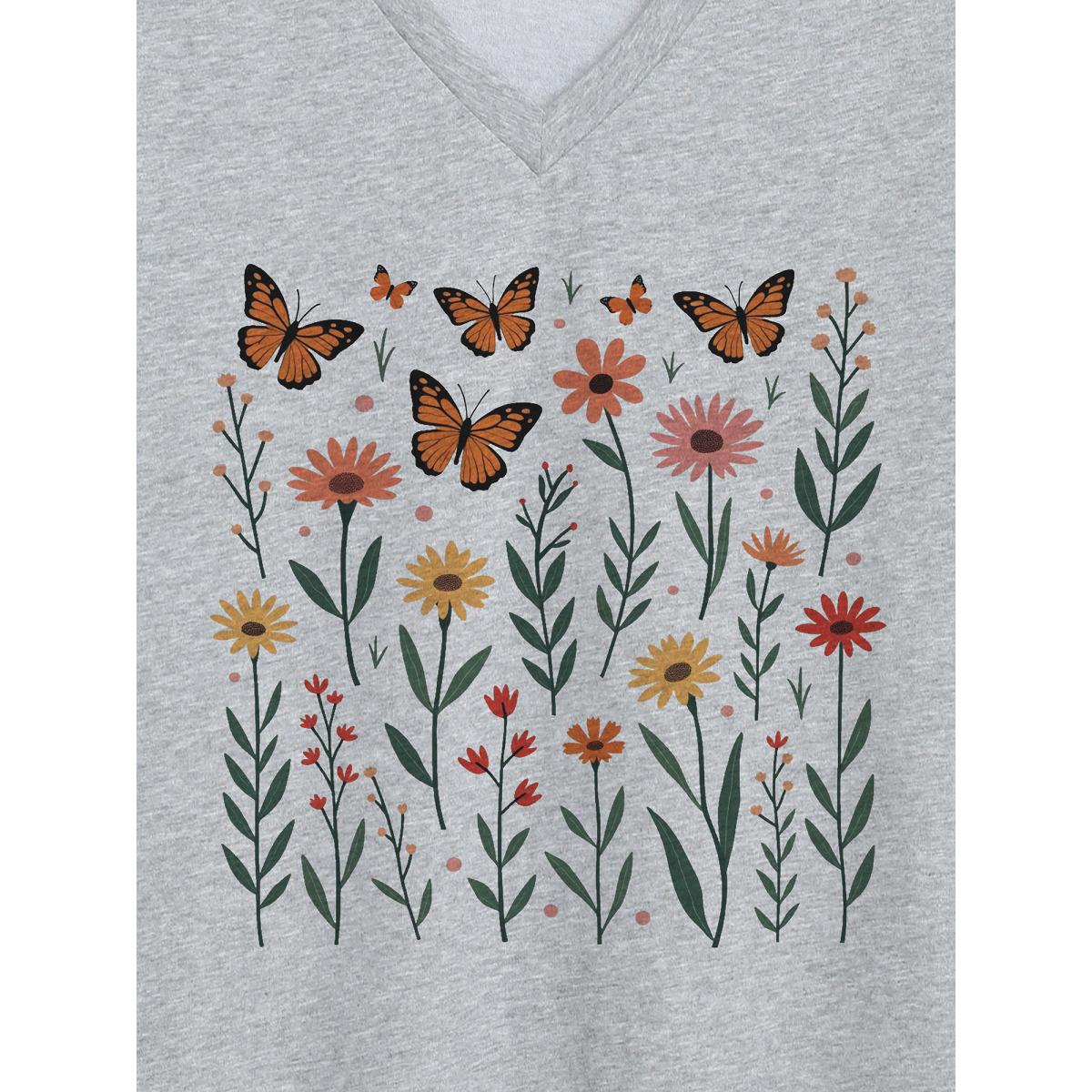 Plus Size Butterflies Pattern V-Neck T-Shirt Mediumgray Women Non Butterfly V-neck Everyday-Casual T-shirts BloomChic 18-20/2X Product Image