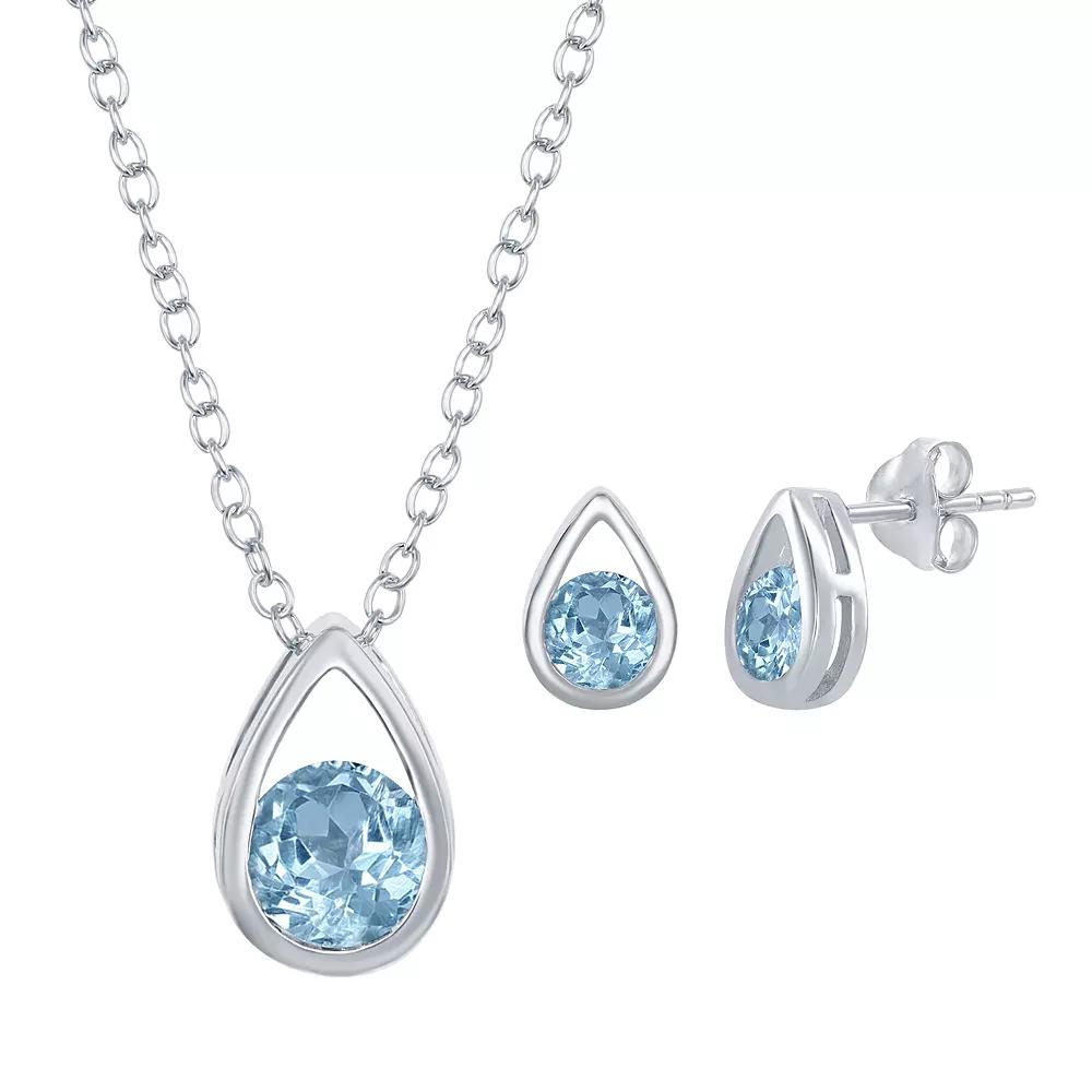 Sterling Silver Gemstone Teardrop Pendant & Stud Earring Set, Women's, Size: 16-18" ADJ, Blue Topaz Product Image