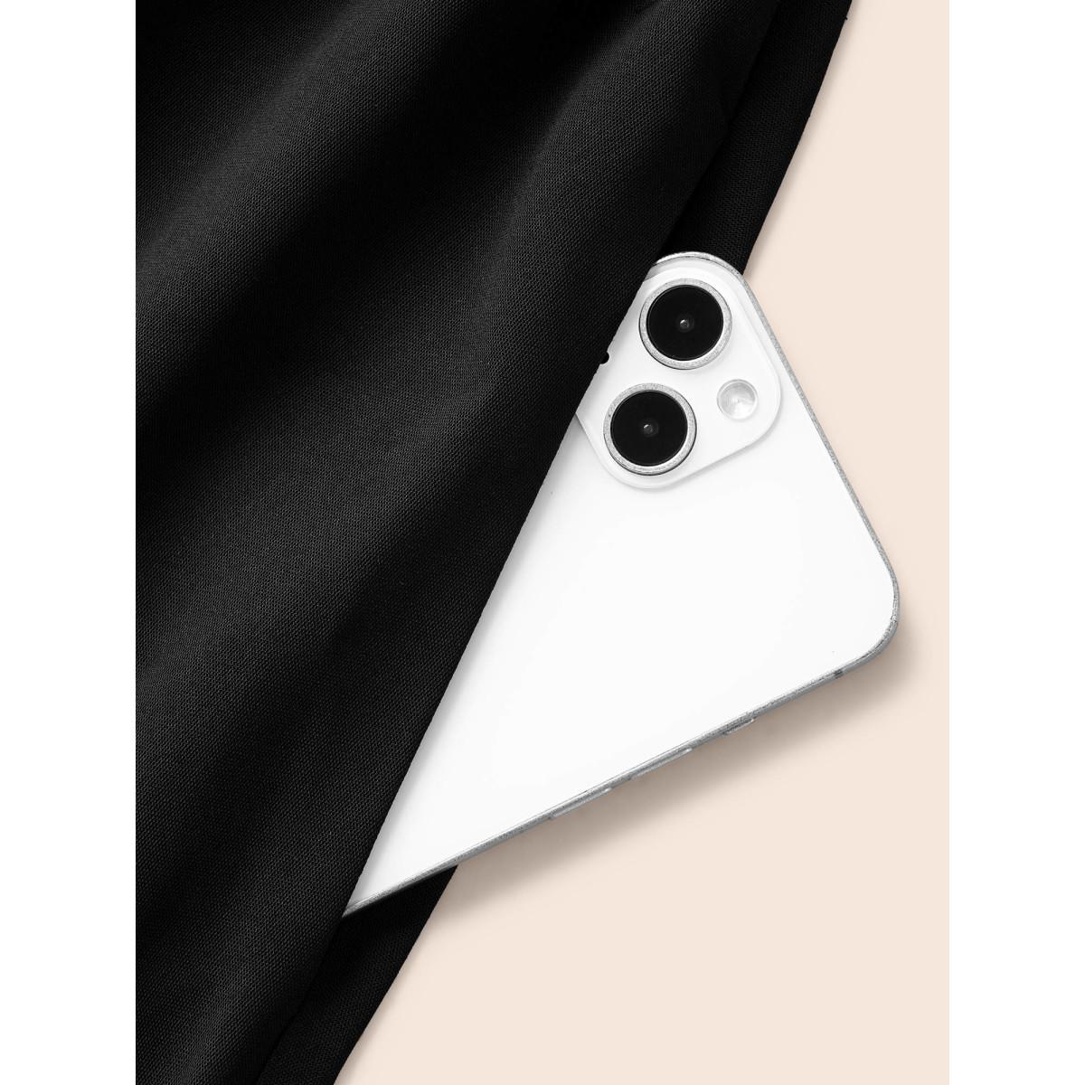 Plus Size Solid Bell Sleeve Pocket Ties High Low Hem Dress Black Women Playful Non V-neck Long Sleeve Curvy Midi Dress BloomChic 26/4X Product Image