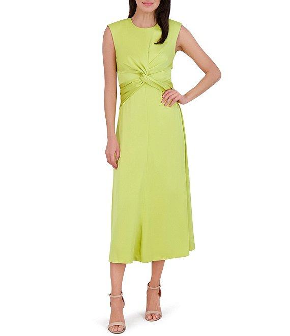 Vince Camuto Satin Crew Neck Cap Sleeve Midi Sheath Dress Product Image