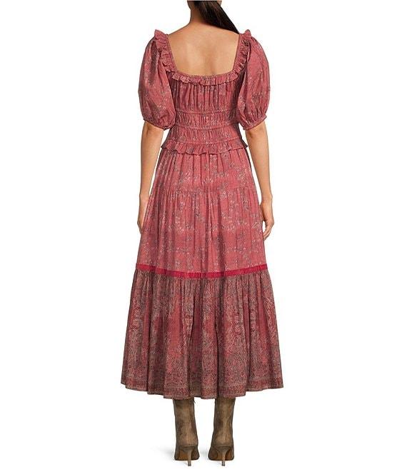 Ro's Garden Percy Woven Baltistan Print Ruffle Trim Square Neck Short Puff Sleeve Smocked Waist Tiered A-Line Flounce Maxi Dress Product Image