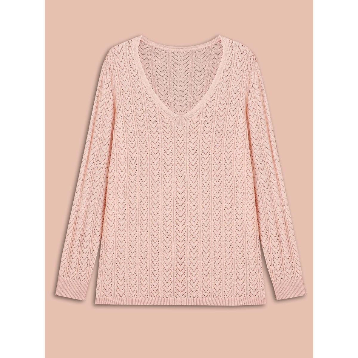 Plus Size Plain Hollow Out Romantic Textured Pullover Nudepink Women Casual Loose Long Sleeve V-neck Everyday Pullovers BloomChic 28/5X Product Image