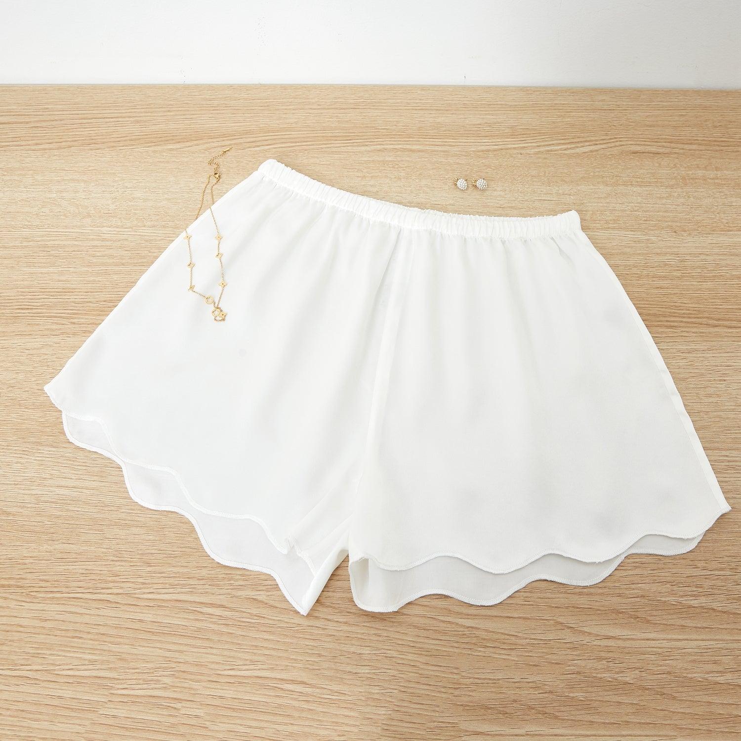 Pearl White Pure Silk Scallop Edged Shorts | 19 Momme Silk Charmeuse Product Image