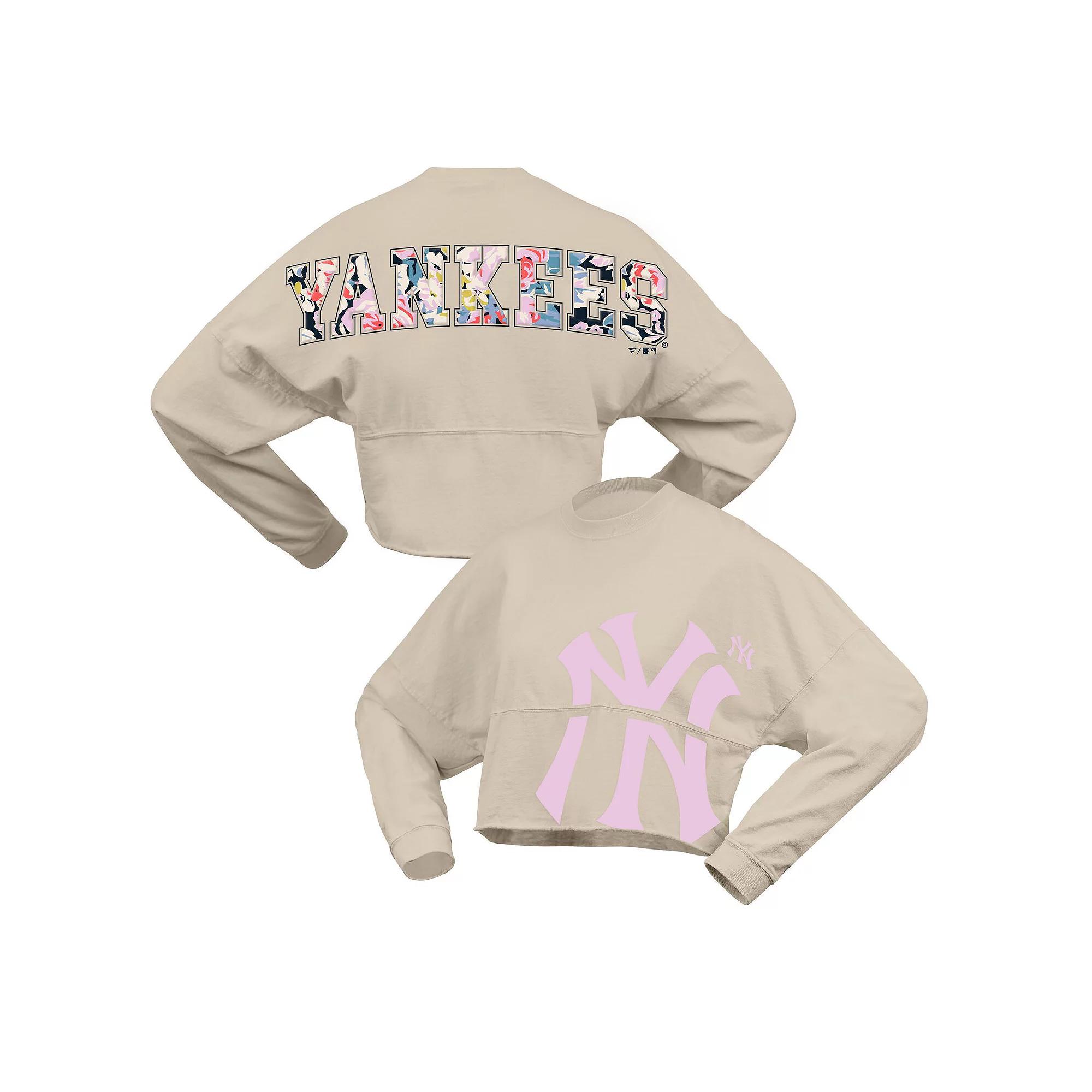 Women's Fanatics  Cream New York Yankees Floral Preppy Cropped Long Sleeve T-Shirt, Size: XL, Beige Product Image
