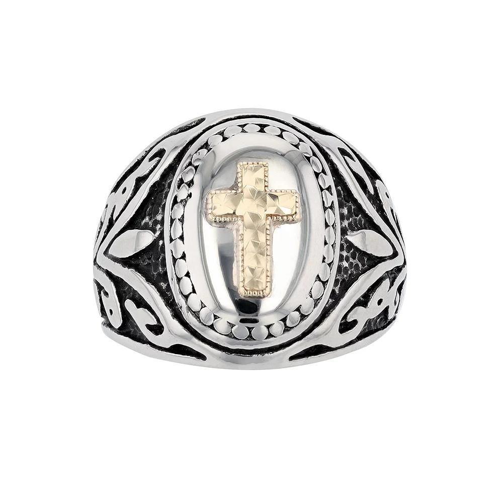 Men's Kristen Kesho 14k Gold Over Steel Cross Oval Antique Signet Ring, Size: 9, Stainless Product Image