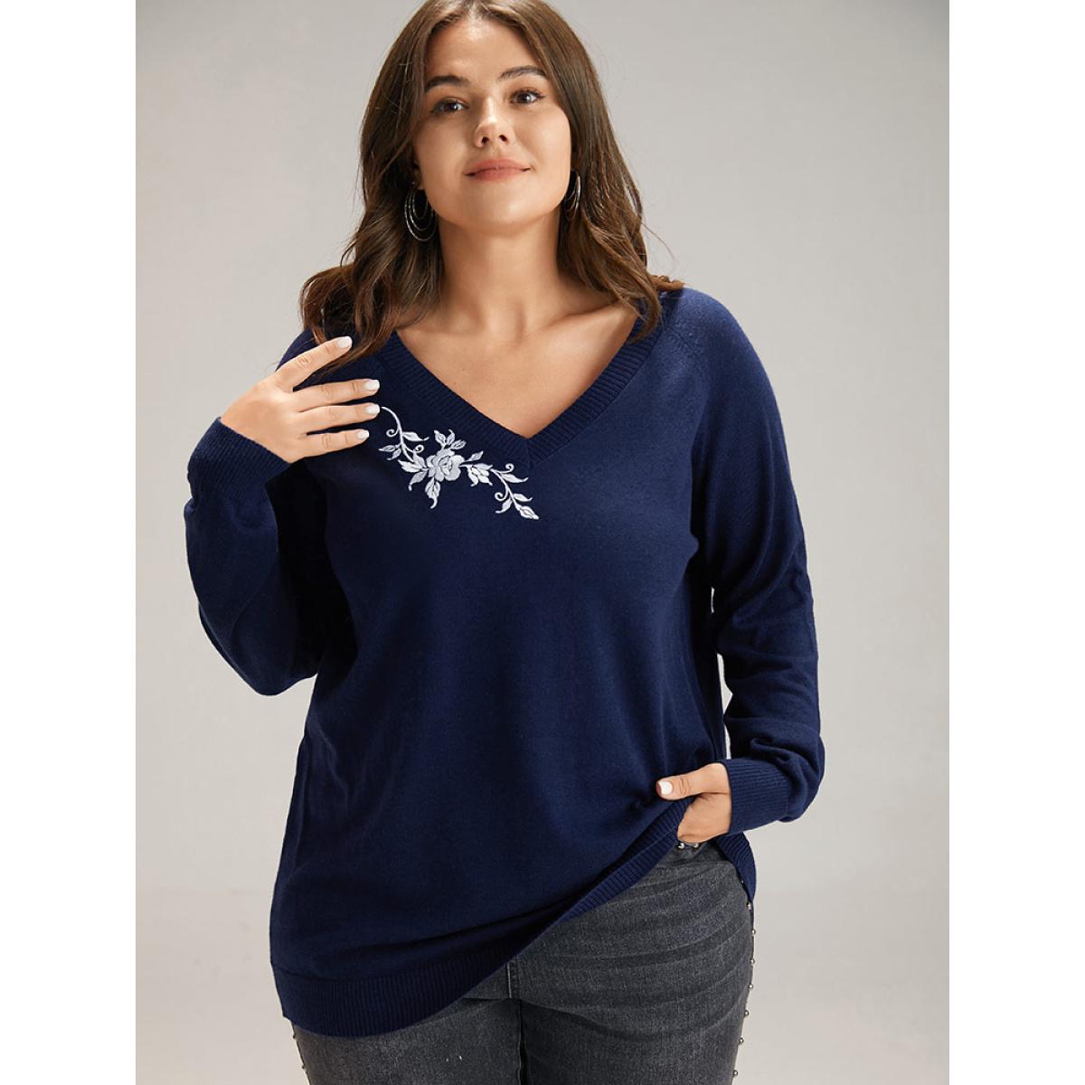 Plus Size Supersoft Essentials Floral Embroidered Pullover Indigo Women Casual Loose Long Sleeve V-neck Dailywear Pullovers BloomChic 18-20/2X Product Image