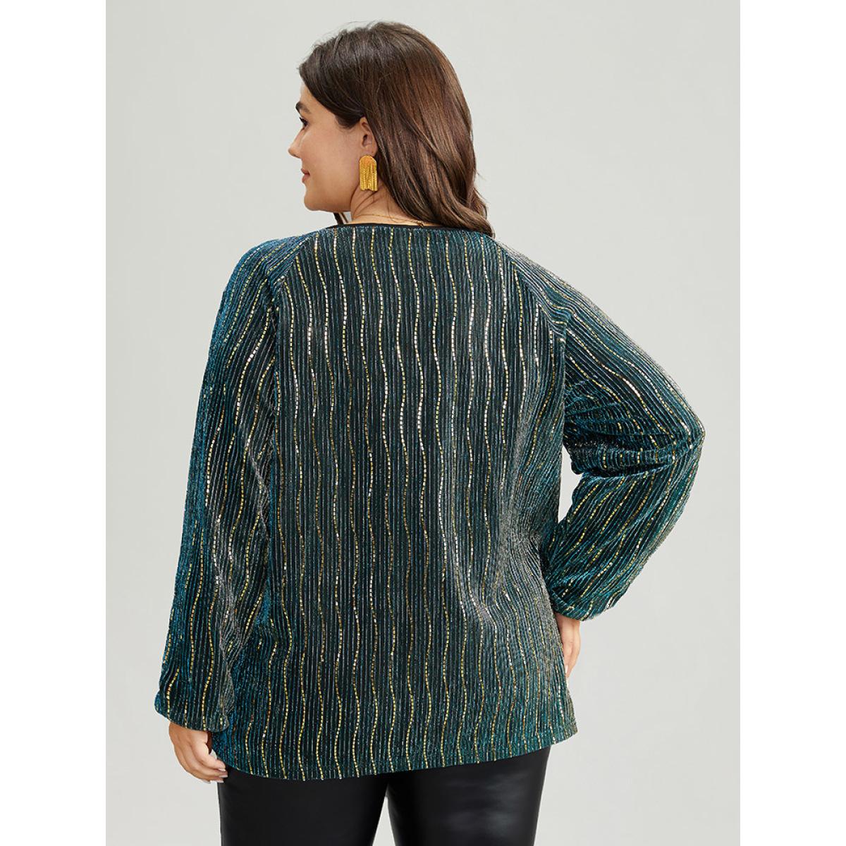 Plus Size Cyan Sequin Notched Lantern Sleeve Blouse Women Party Long Sleeve Notched collar Festival-Christmas Blouses BloomChic 22-24/3X Product Image