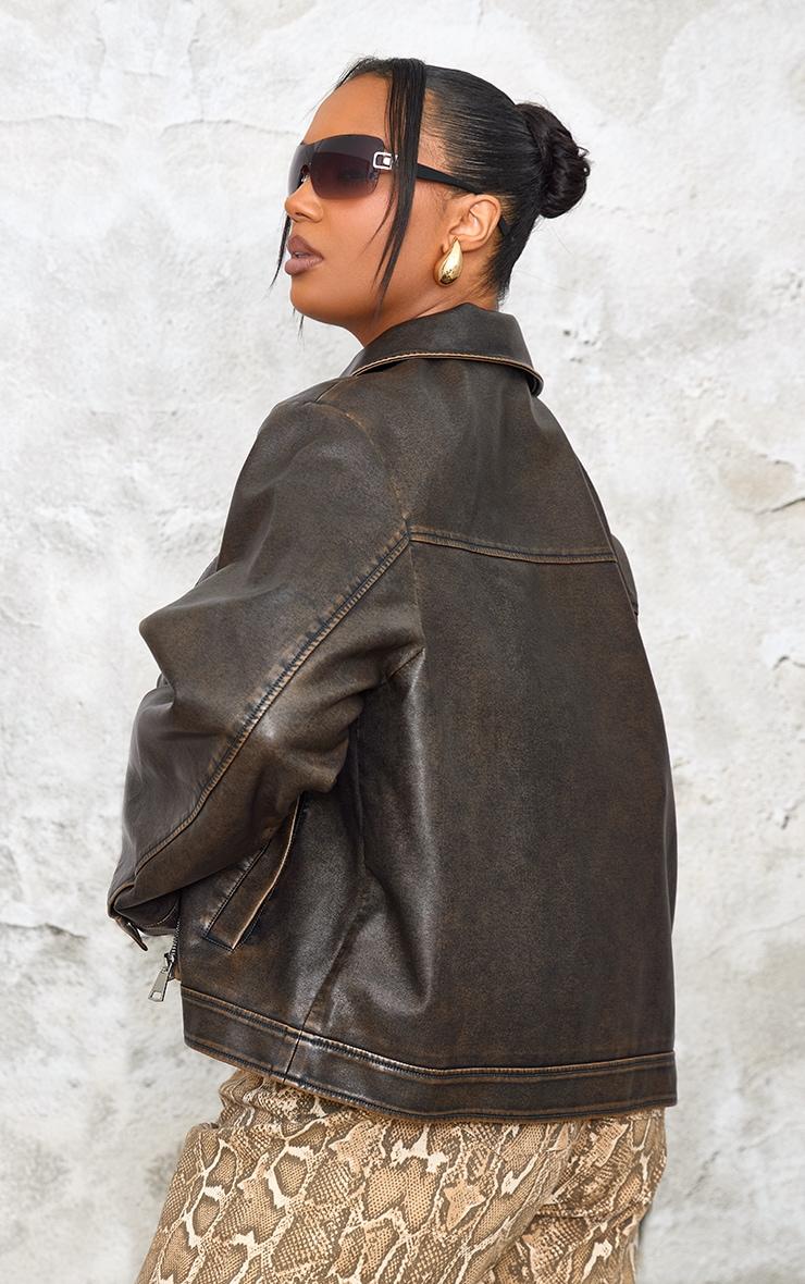 Plus Brown Washed Faux Leather Pocket Detail Bomber Jacket Product Image