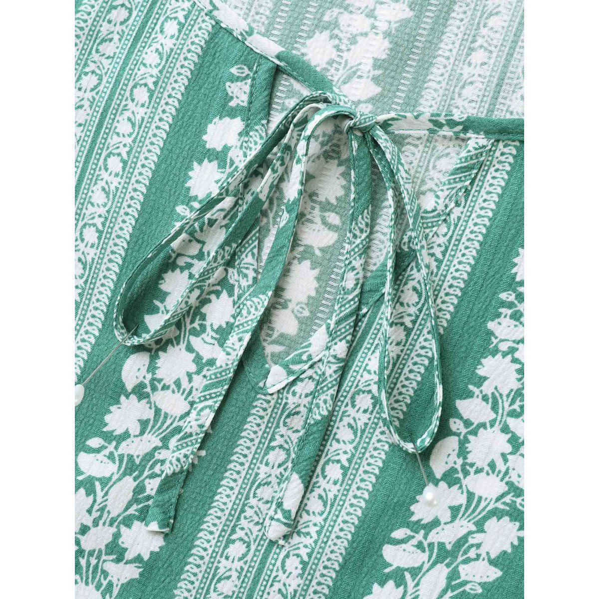 Plus Size Teal Floral Print Ruffled Detail Sleeve Blouse Women Short sleeve Flat collar with V-notch Everyday-Elegant Blouses BloomChic 26/4X Product Image