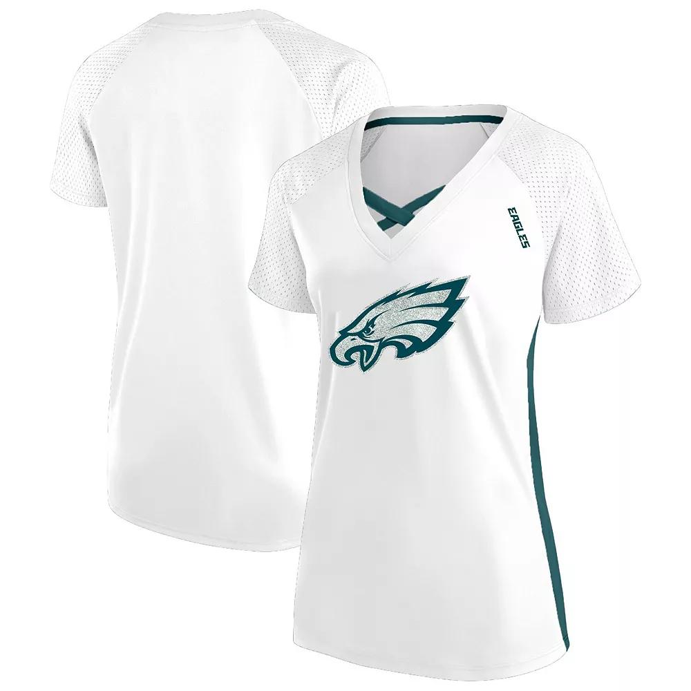 Women's Fanatics  White Philadelphia Eagles Plus Size Glitter Lace-Up V- Neck T-Shirt, Size: 3XL Product Image