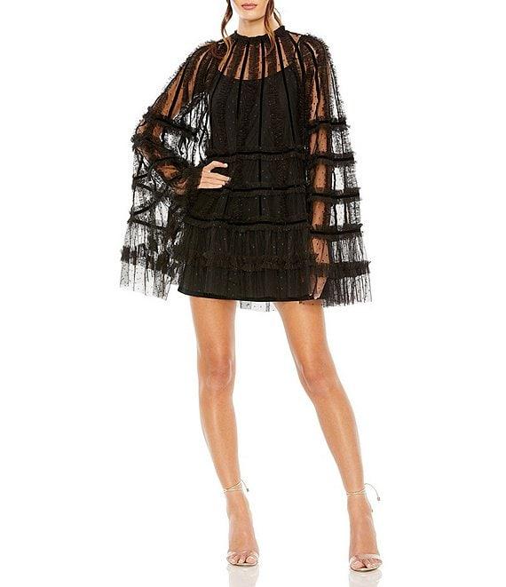 Mac Duggal Bell Sleeve High Neck Ruffled Trapeze Dress Product Image