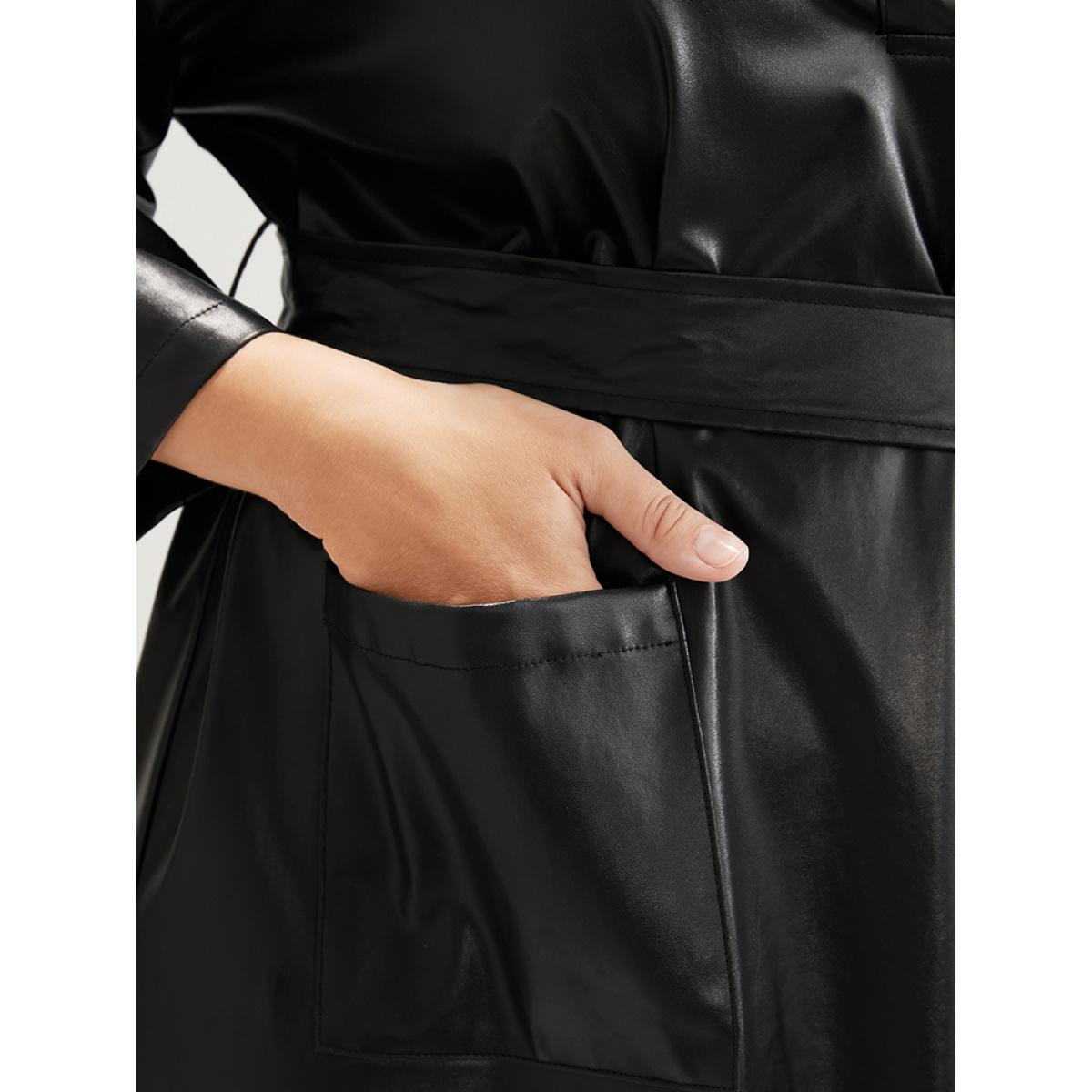 Plus Size PU Leather Pocket Belted Arc Hem Dress Black Women Party Belted V-neck Elbow-length sleeve Curvy Midi Dress BloomChic 14-16/1X Product Image
