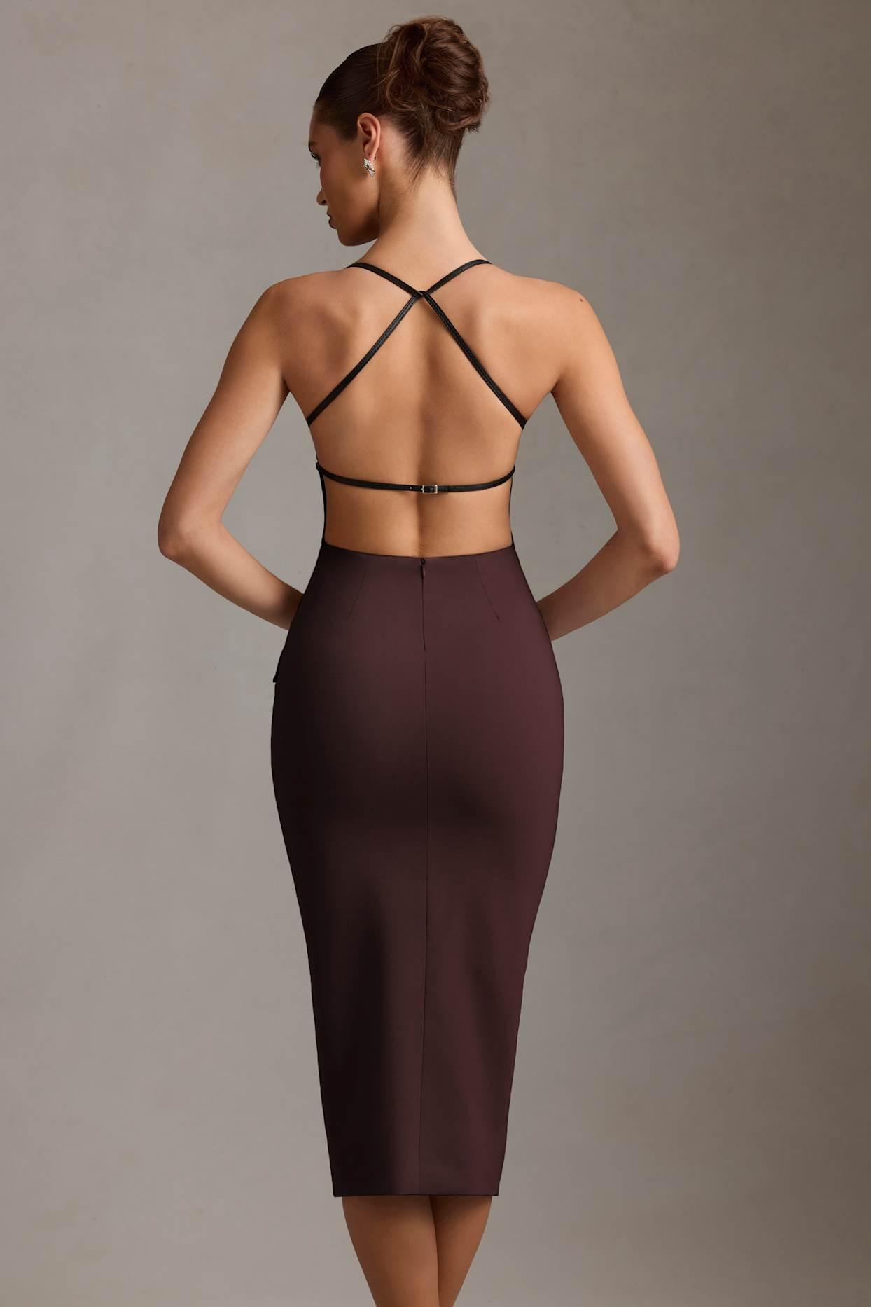 Plunge-Neck Backless Midaxi Dress in Chocolate Brown Product Image