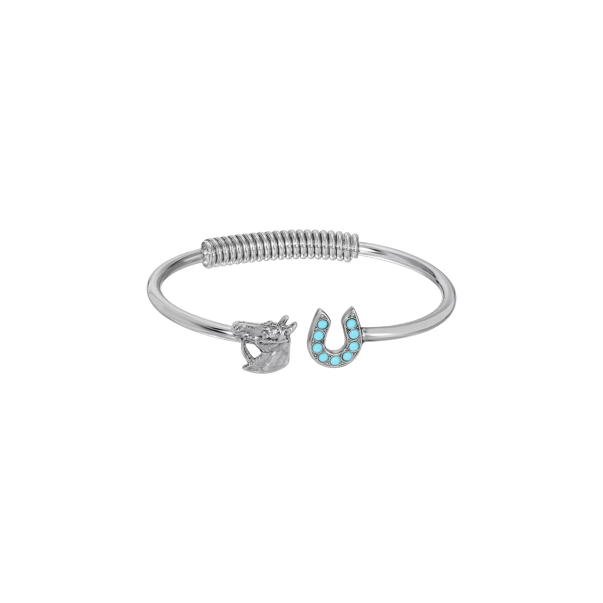1928 Silver Tone Horse Head Crystal Horseshoe Cuff Bracelet, Womens, Turquoise Product Image