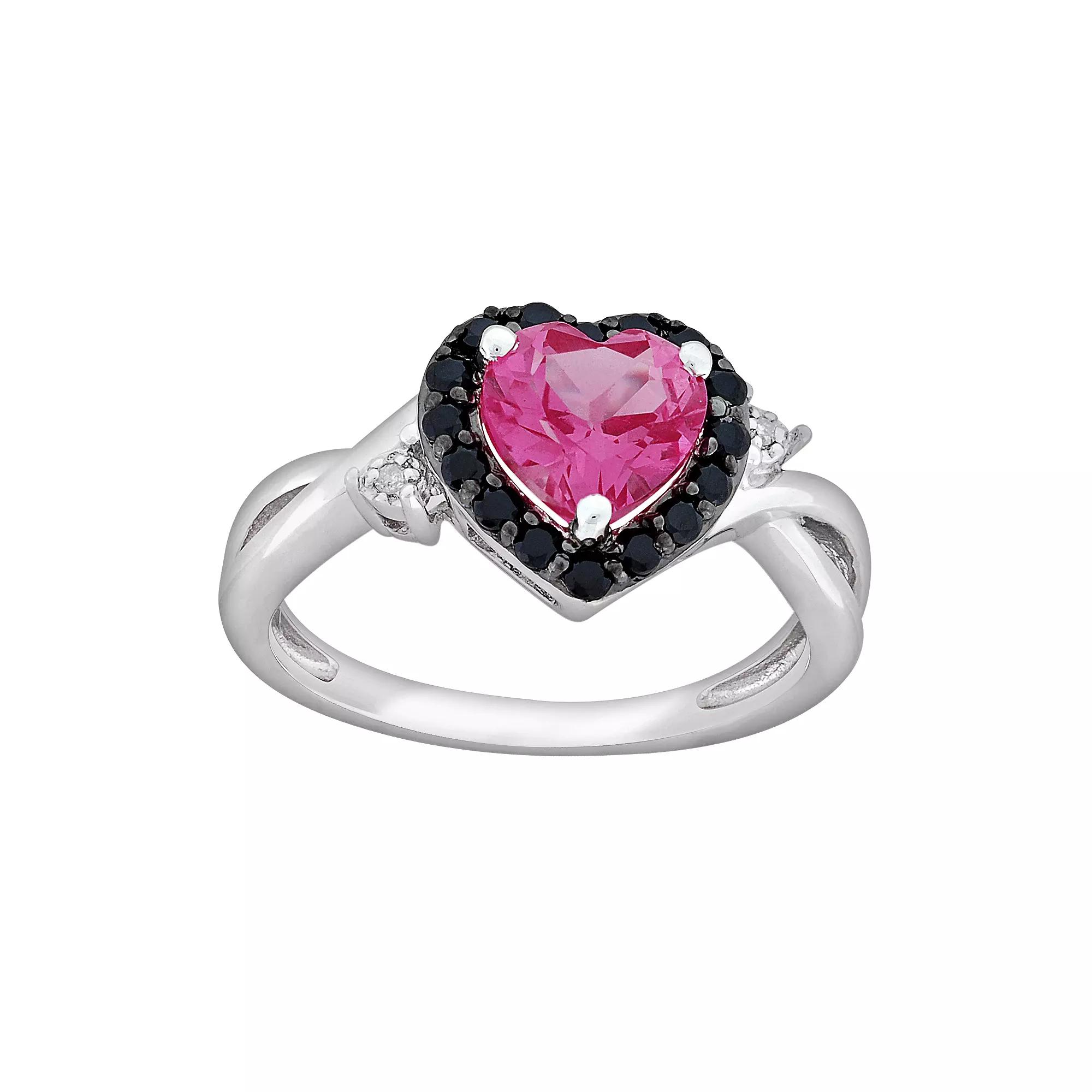 Stella Grace Sterling Silver Lab-Created Pink Sapphire, Black Spinel and Diamond Accent Heart Ring, Women's,  Product Image