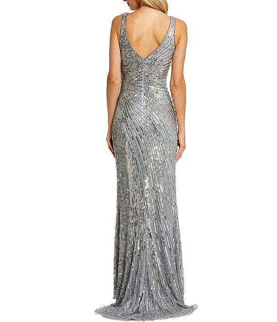Mac Duggal Beaded Sequin V-Neck Sleeveless Thigh High Side Slit Gown Product Image