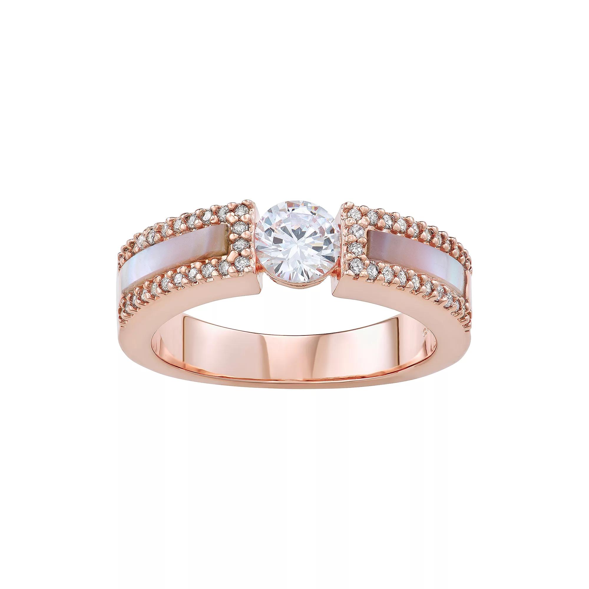 14k Rose Gold Over Silver Cubic Zirconia & Mother-of-Pearl Ring, Womens Pink Tone Product Image