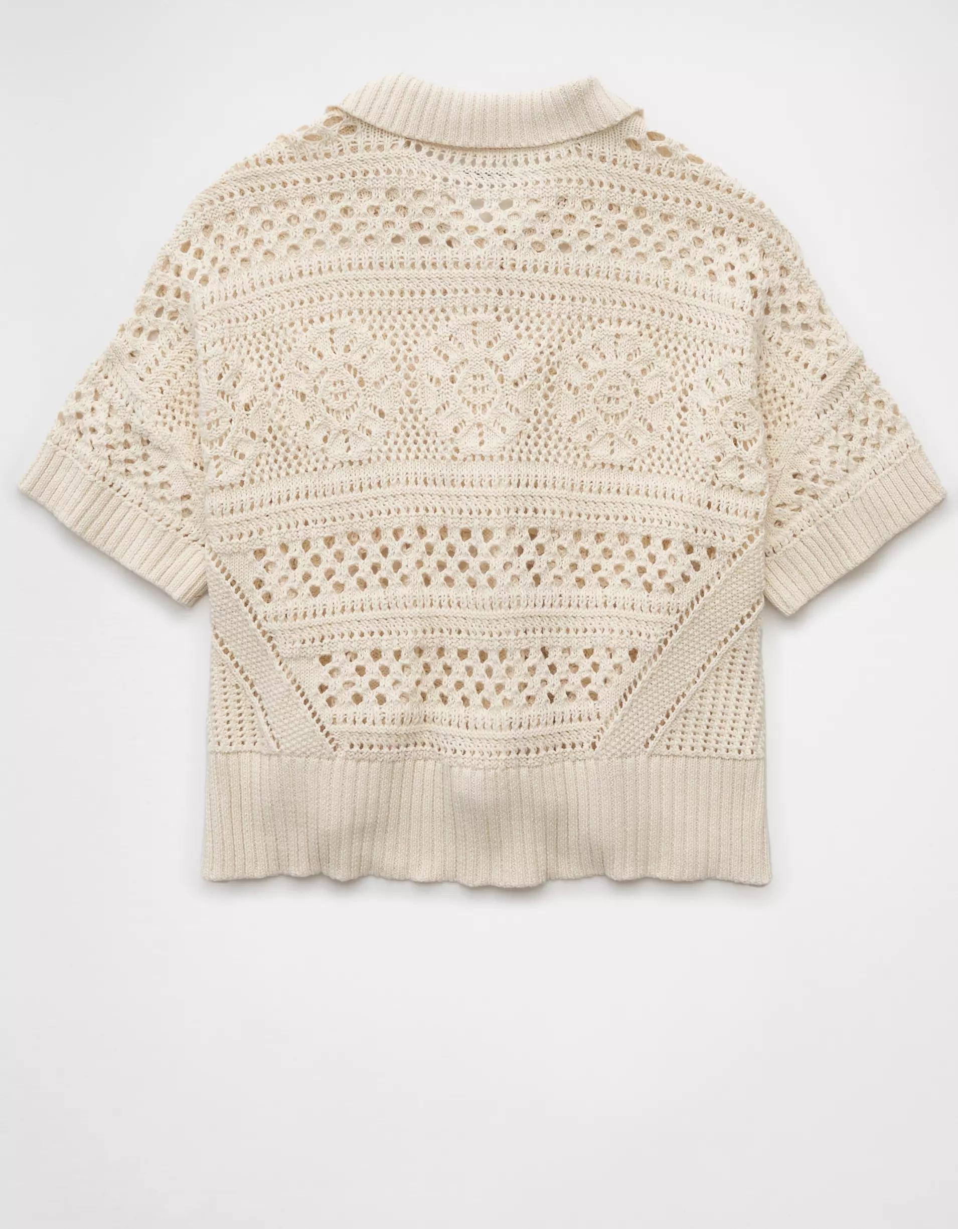 AE Crochet Button-Up Sweater Polo Shirt Product Image