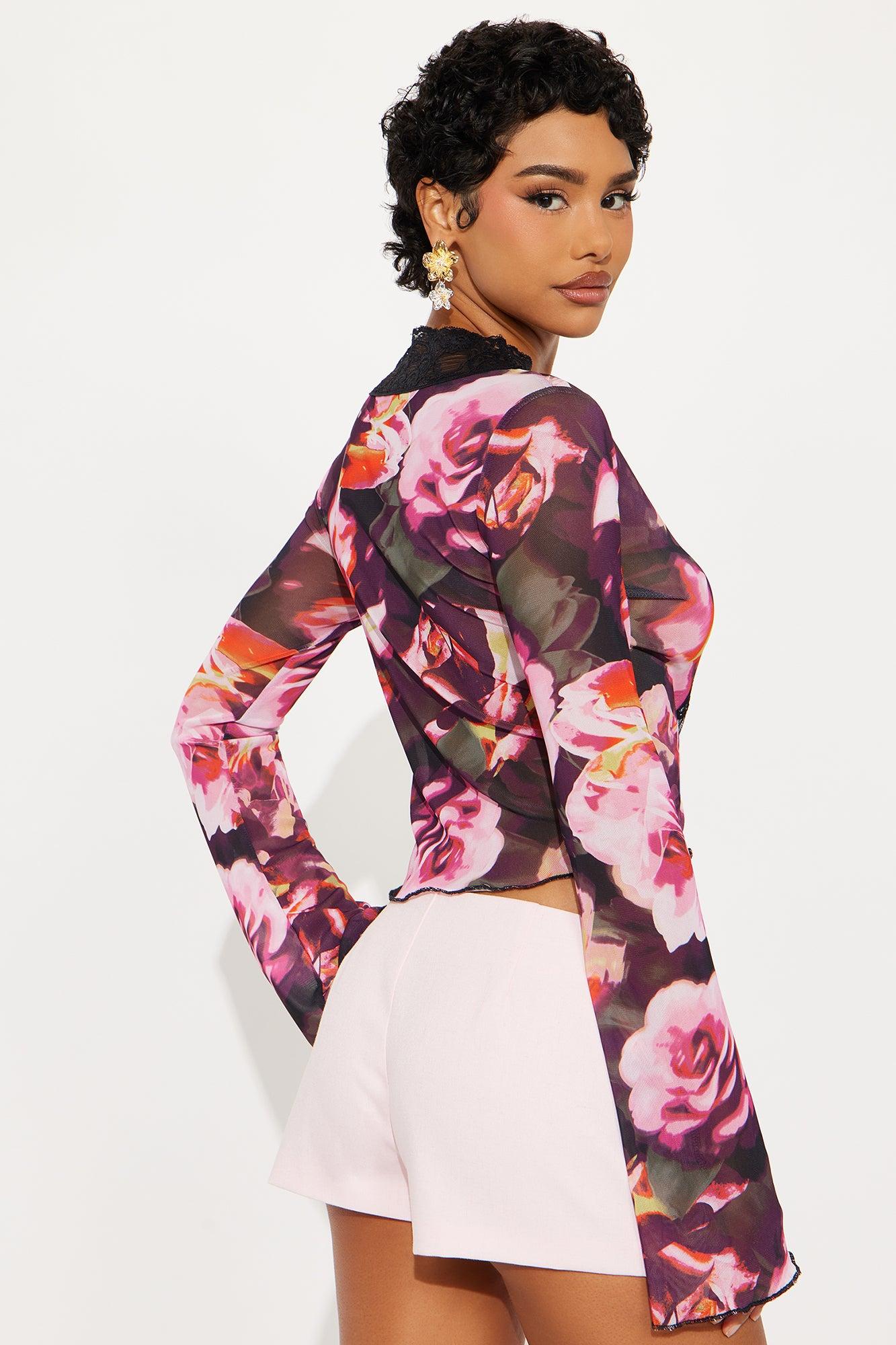 Francesca Floral Long Sleeve Mesh Top - Pink/combo Product Image