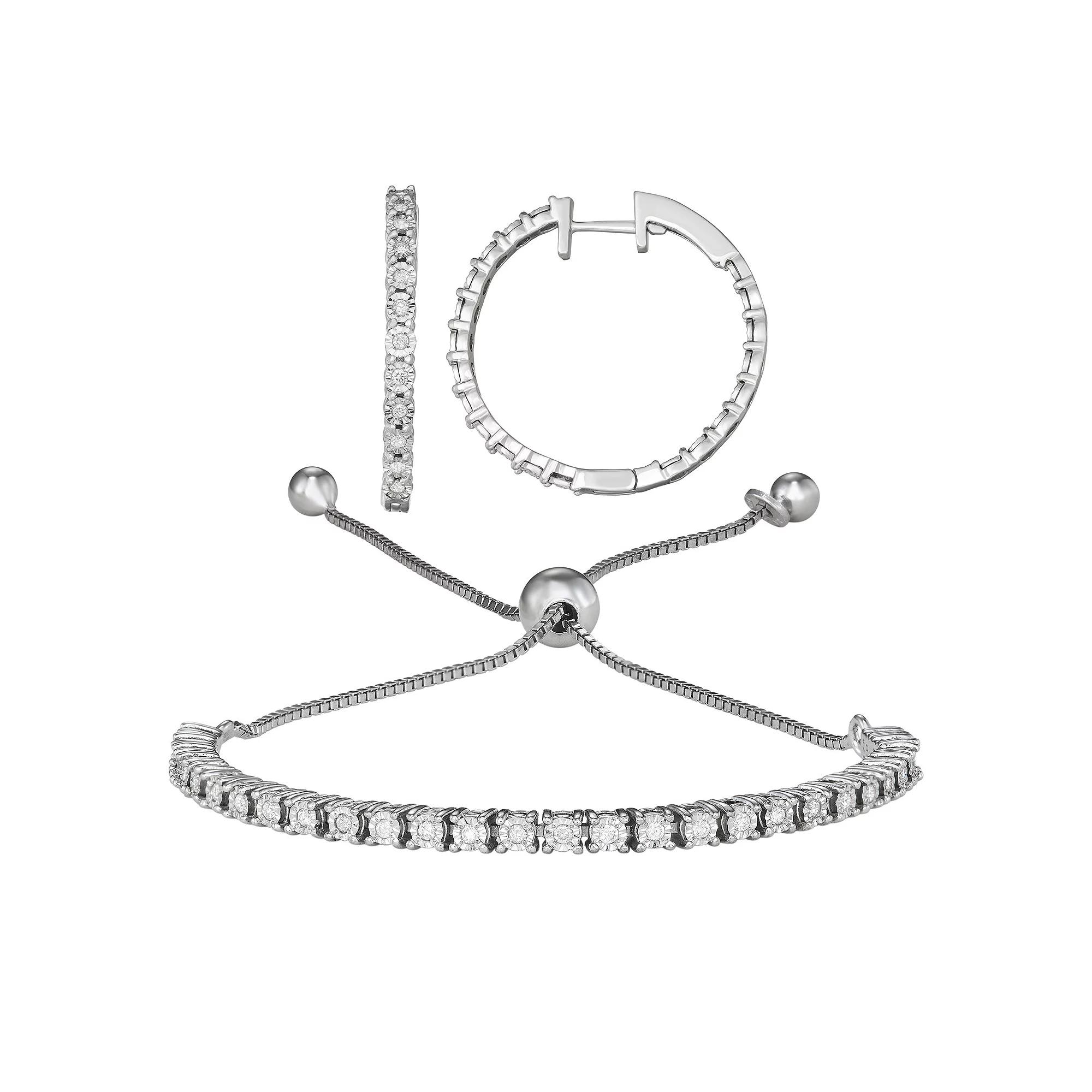 Sterling Silver 1/2 Carat T.W. Diamond Adjustable Bracelet & Hoop Earring Set, Womens Product Image