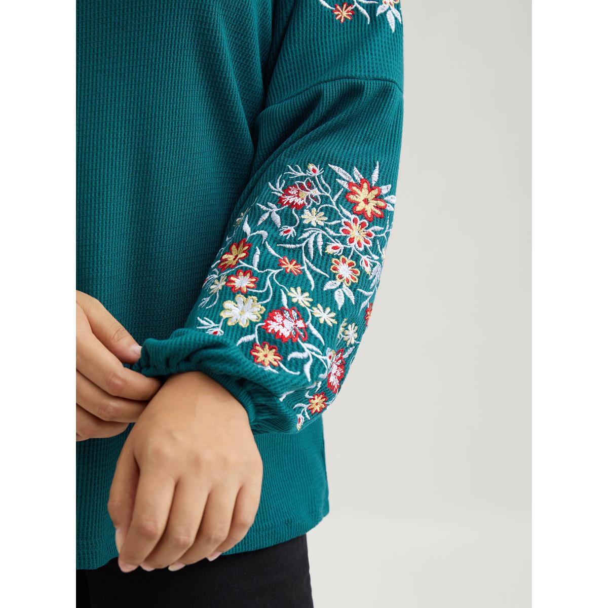 Plus Size Waffle Knit Floral Embroidered Lantern Sleeve T-shirt Cyan Women Leisure Texture Floral Round Neck Casual T-shirts BloomChic 30/6X Product Image