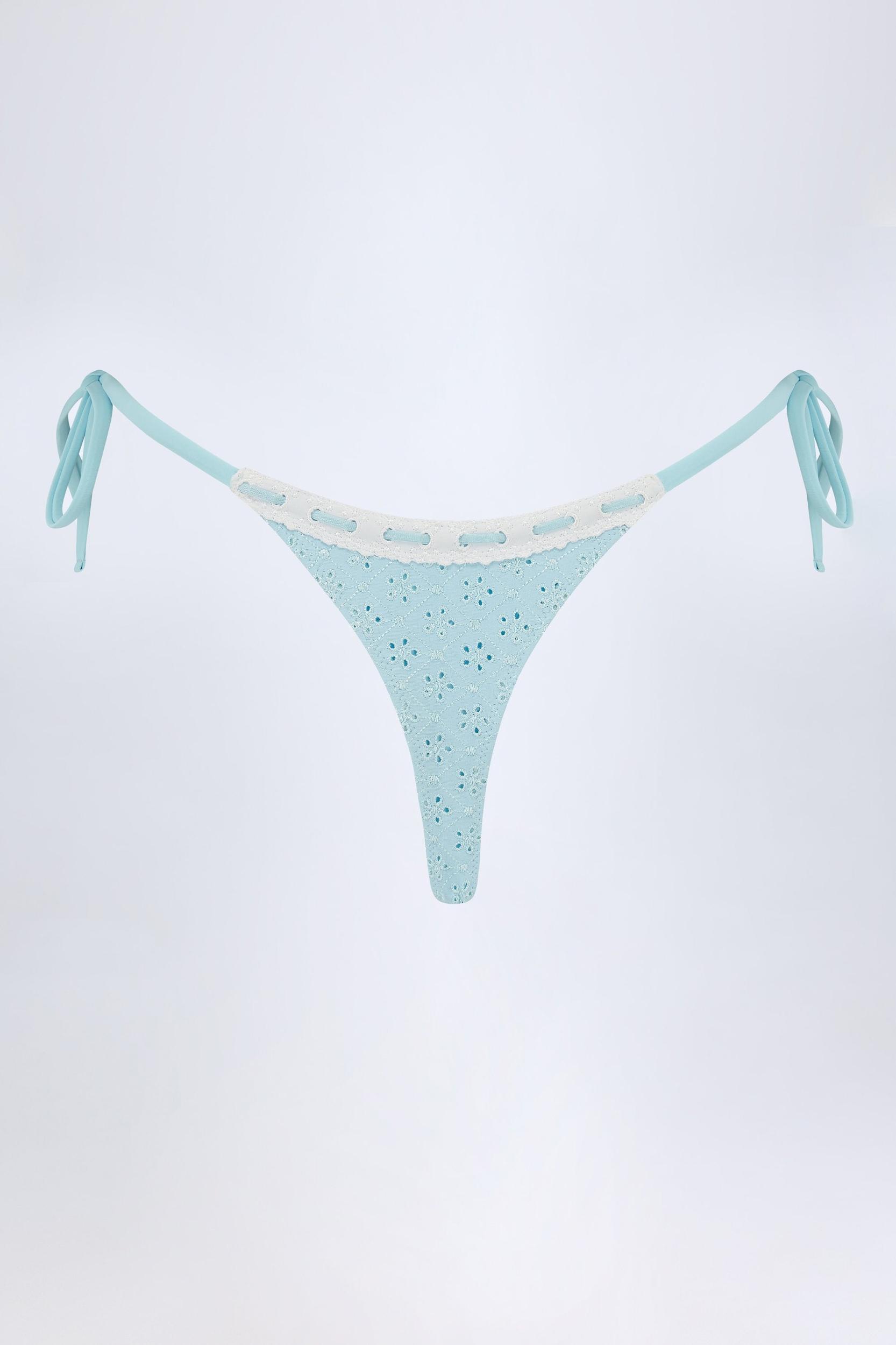 Broderie Anglaise Side-Tie Thong Bikini Bottoms in Powder Blue Product Image