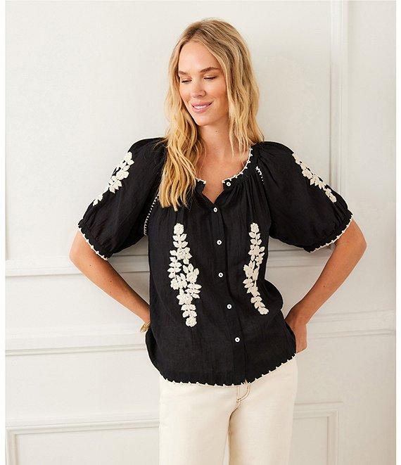 Karen Kane Scoop Neck Short Puff Sleeve Stitched Embroidery Peasant Button Front Top Product Image
