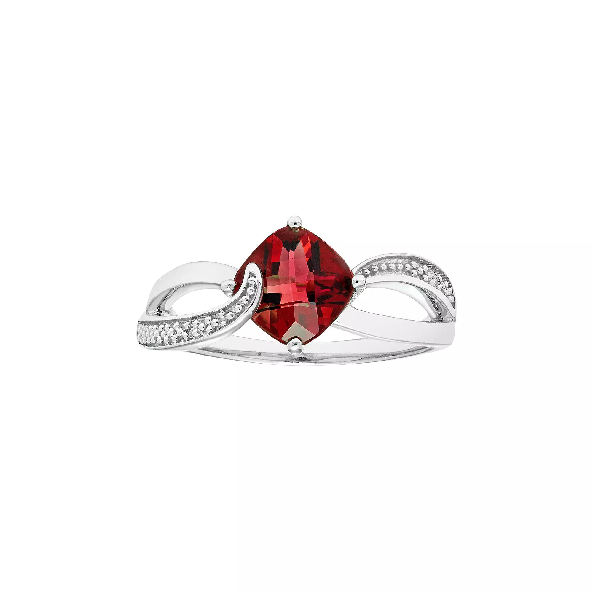Sterling Silver Garnet & Diamond Accent Cushion Bypass Ring, Women's, Size: 8, Red Product Image