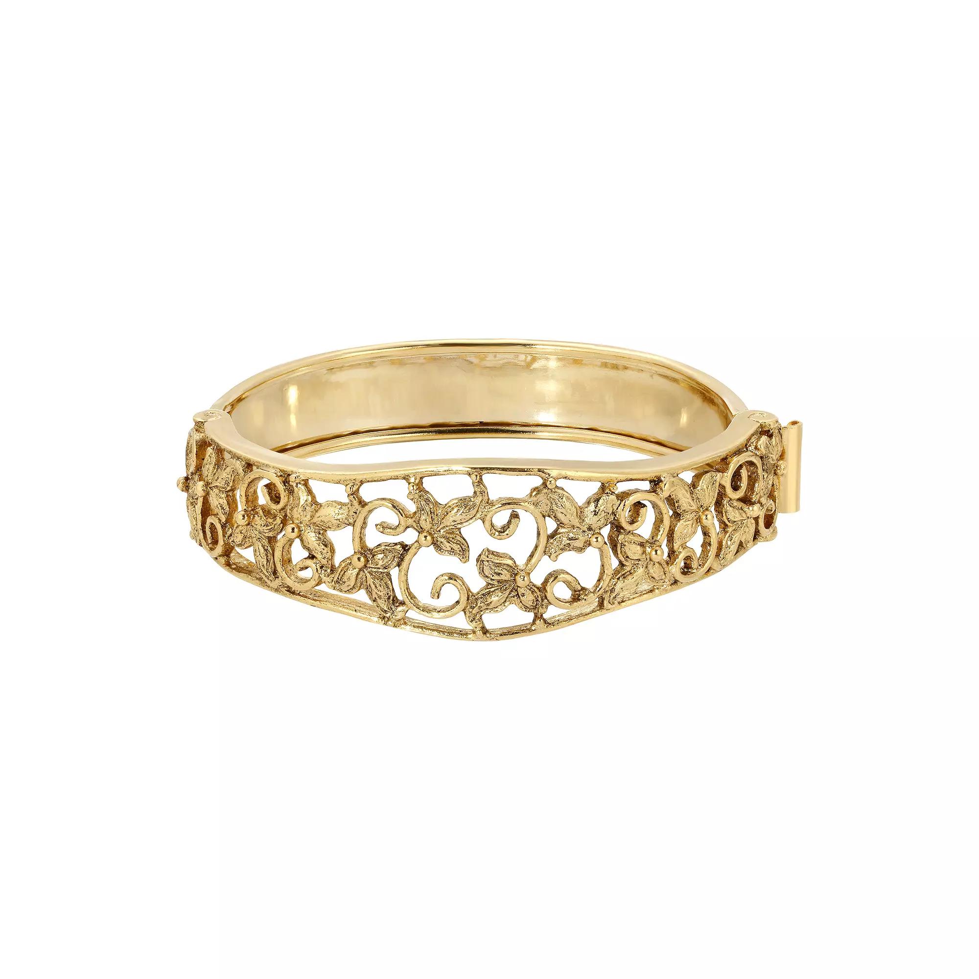 1928 Gold Tone Filigree Flower Hinge Bracelet, Womens Product Image
