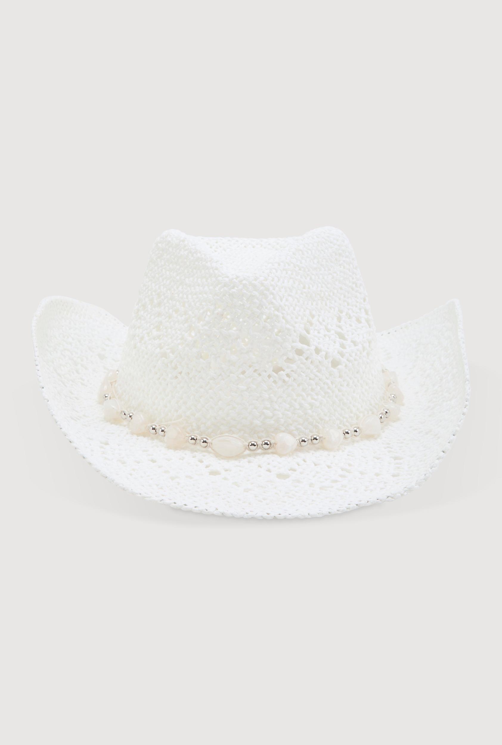 Beaded Trim Straw Cowboy Hat Female Product Image