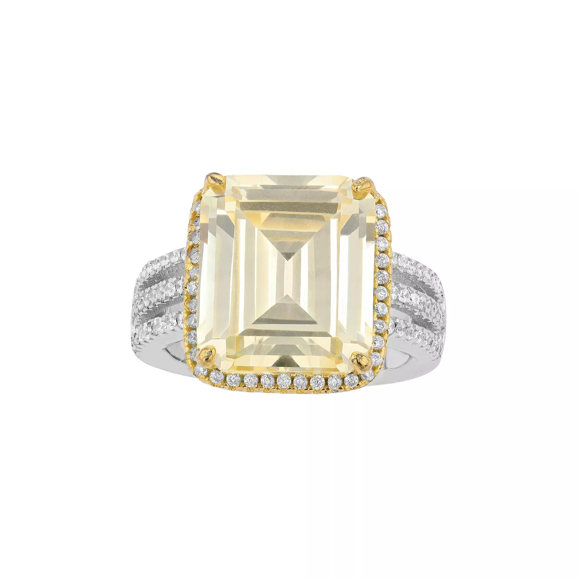 14k Gold Over Sterling Silver Yellow Cubic Zirconia Asscher Cut Triple Pave Ring, Womens Product Image