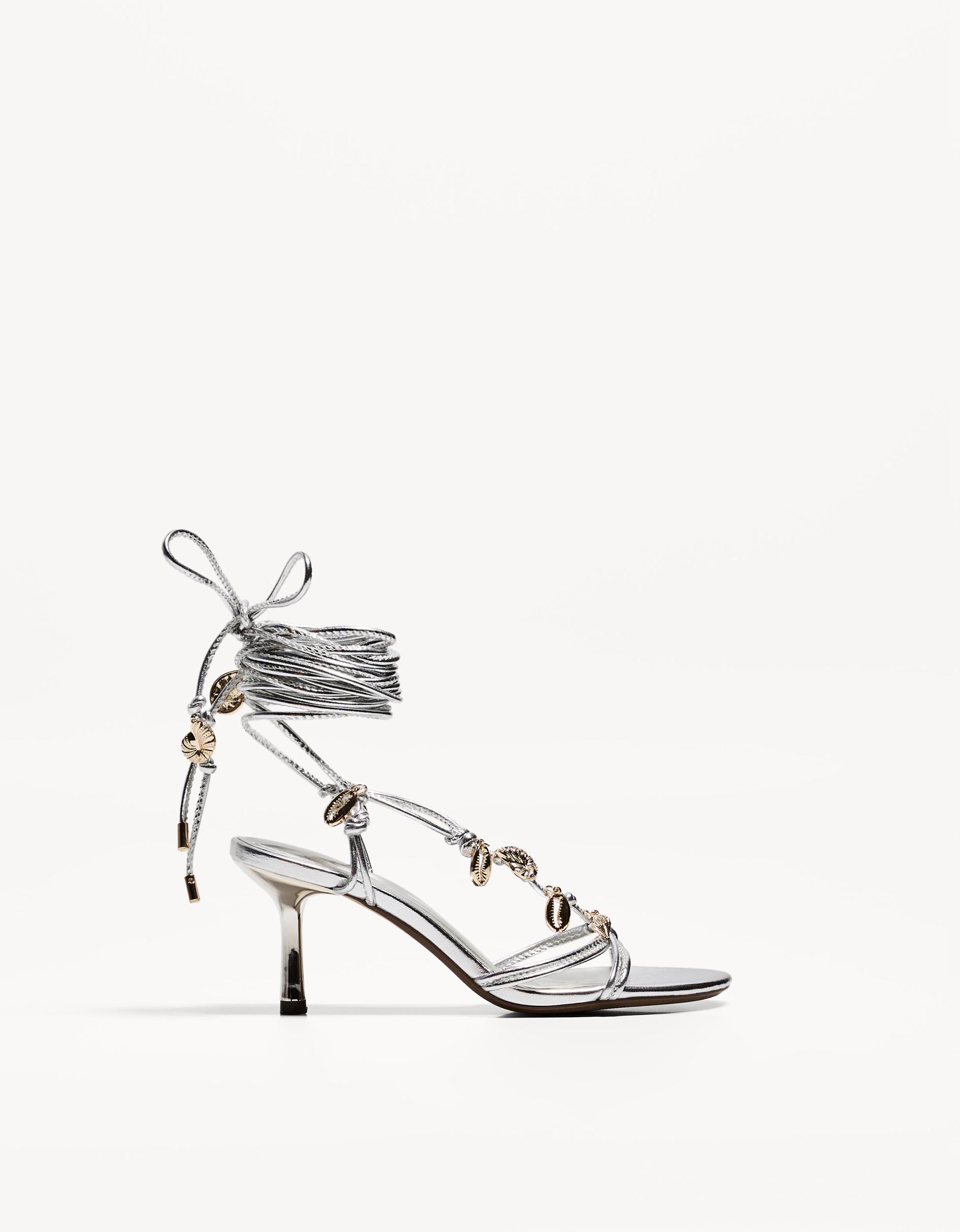 Tied high-heel sandals with rhinestones Product Image