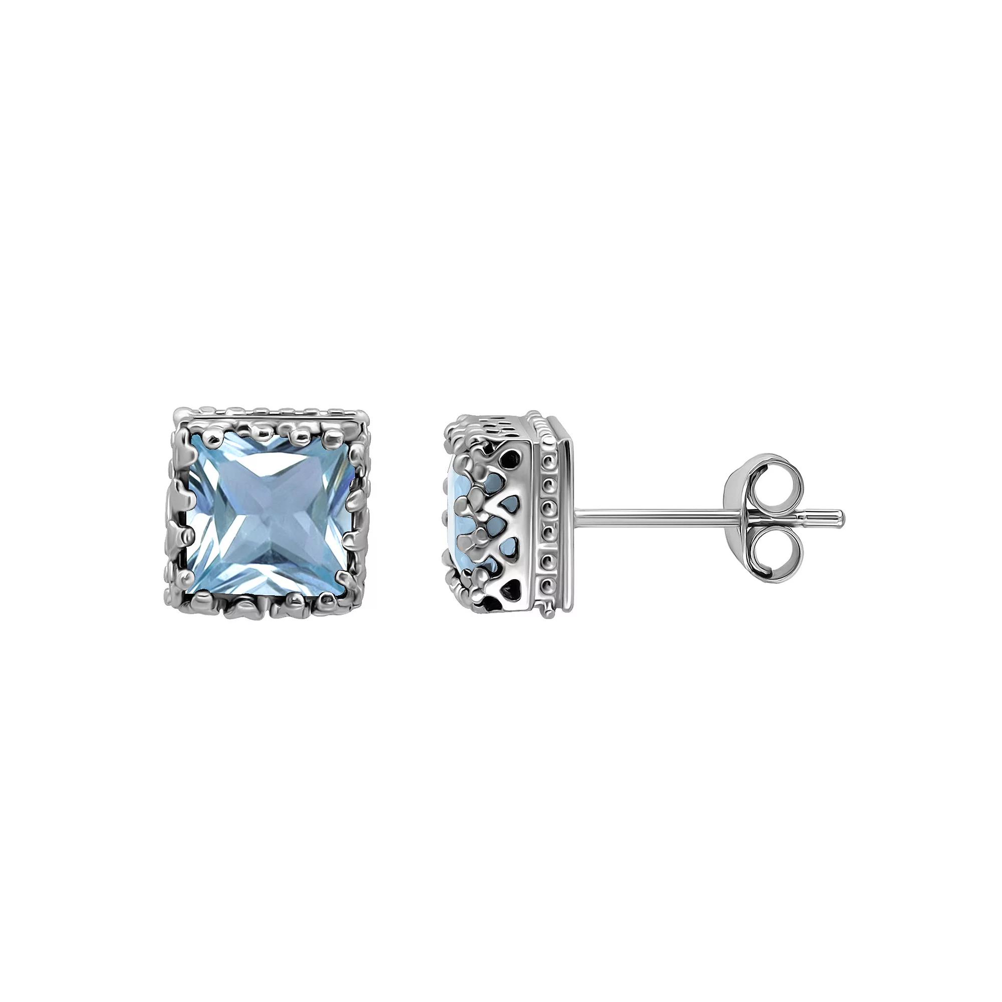 Aleure Precioso Sterling Silver Square Crown Set Stud Earrings, Women's, Blue Topaz Product Image