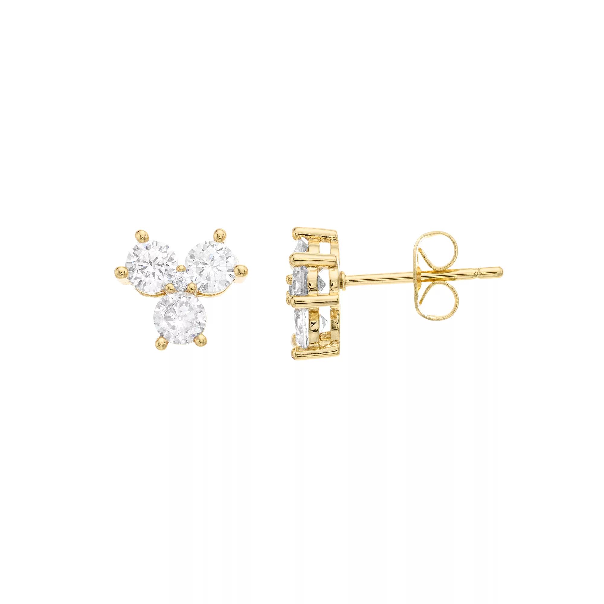 Sterling Silver Cubic Zirconia Clover Stud Earrings, Womens, Gold Tone Product Image