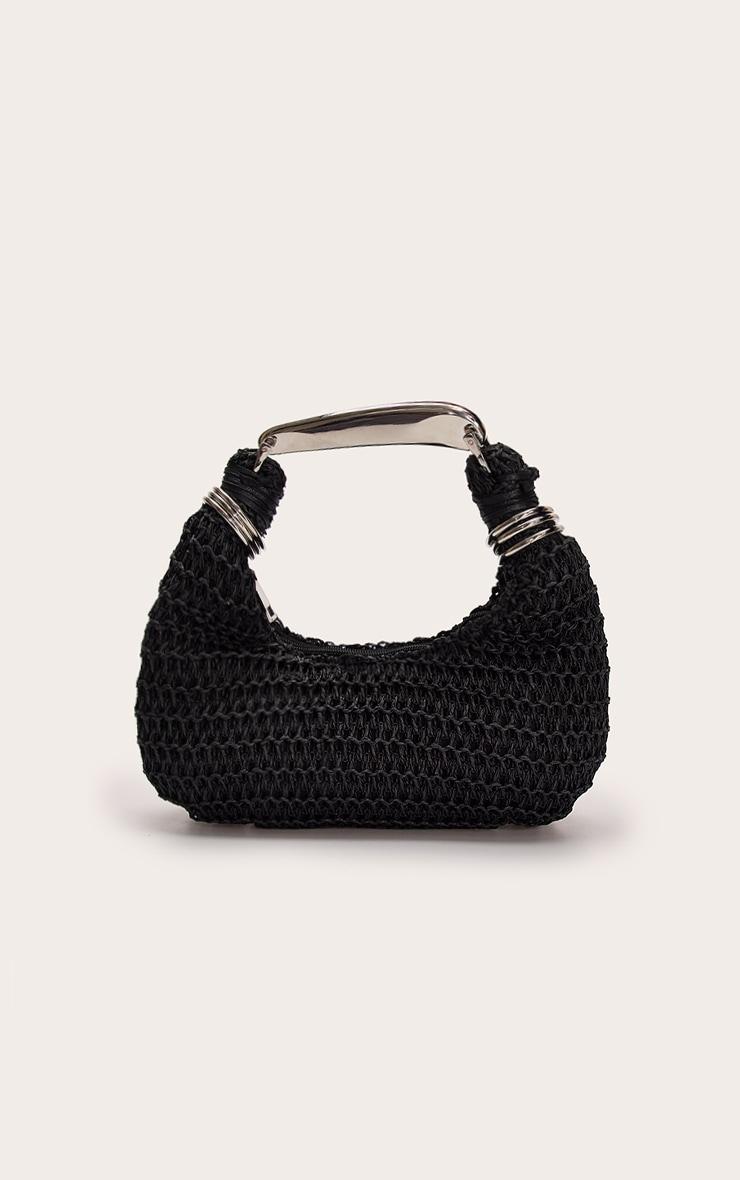 Silver Metal Handle Black Raffia Hand Bag Product Image
