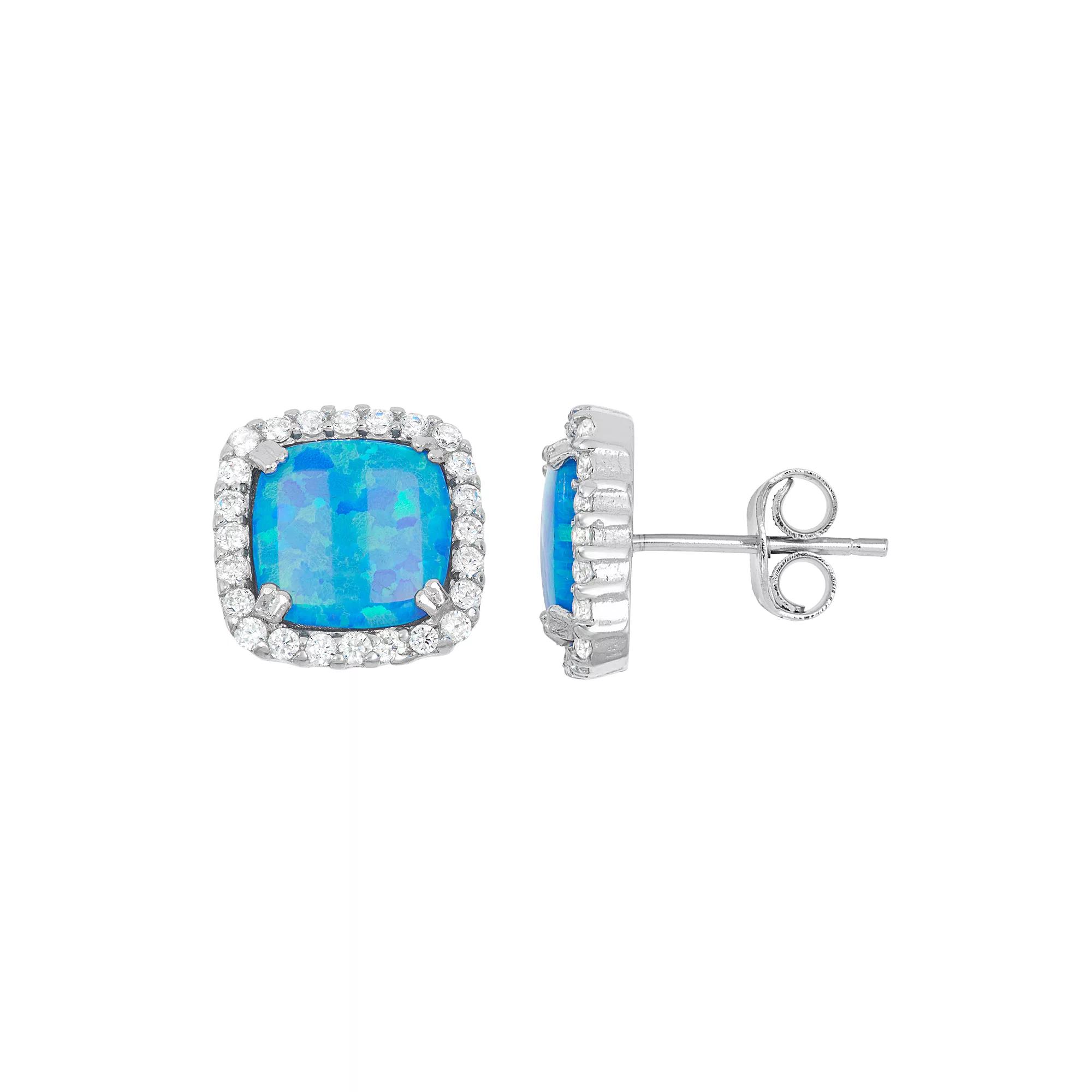 Lab-Created Blue Opal & Cubic Zirconia Sterling Silver Square Halo Stud Earrings, Women's Product Image