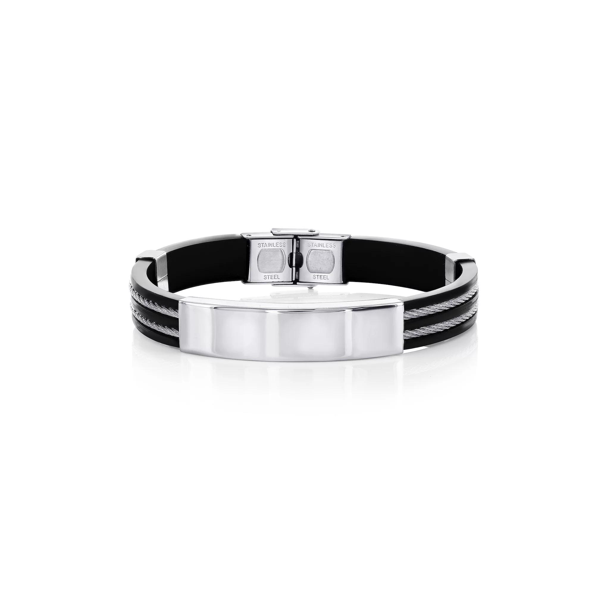 Men's Metallo Stainless Steel Silicone ID Bar Bracelet, Size: 8.5", Stainless Black Product Image