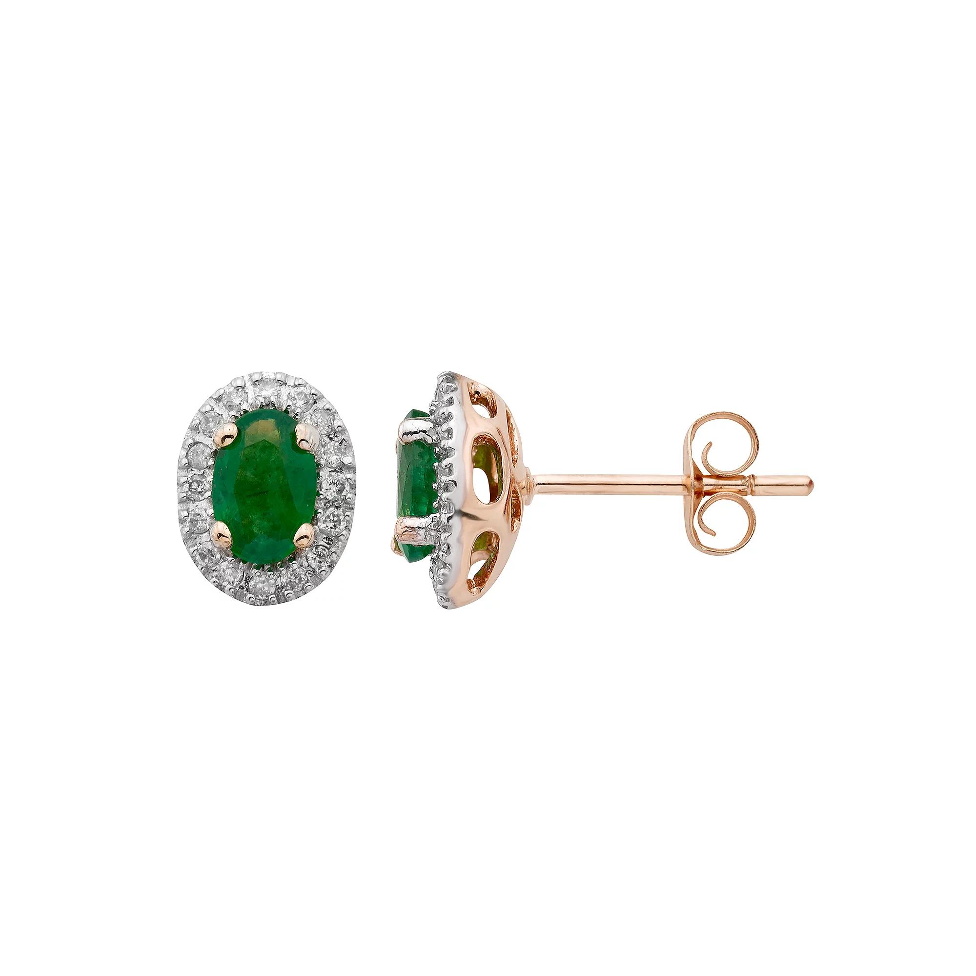 14k Rose Gold 1/6 Carat T.W. IGL Certified Diamond & Emerald Oval Earrings, Women's, Yellow Product Image