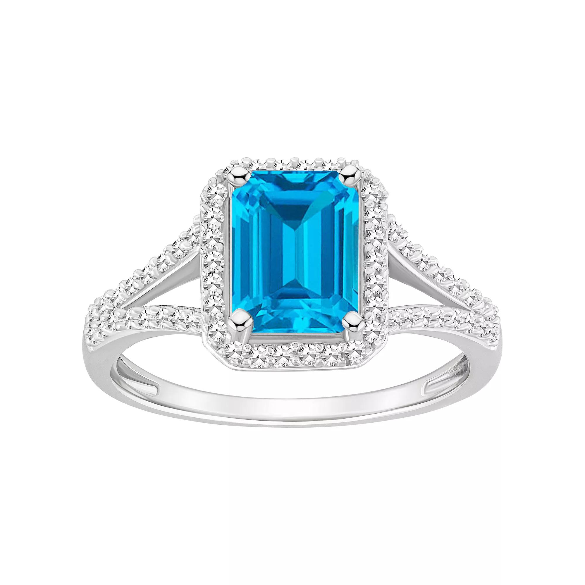 Celebration Gems Sterling Silver Gemstone & 1/4 Carat T.W. Diamond Halo Ring, Women's, Size: 9, Blue Topaz Product Image