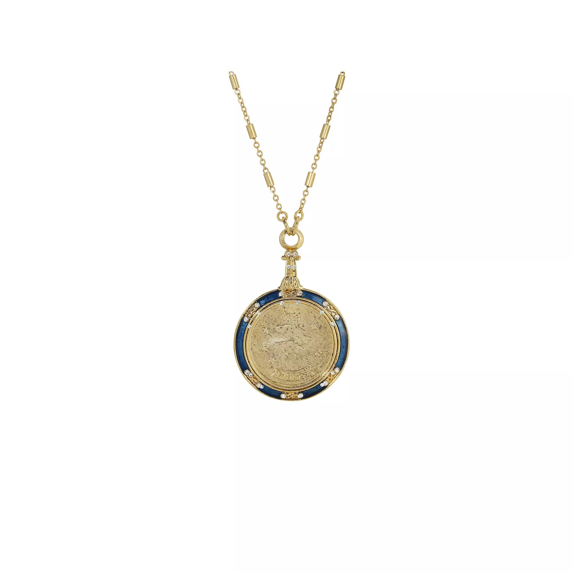 1928 Gold Tone Blue Enamel & Clear Crystal Zodiac Pendant Necklace, Womens, Piscees Product Image